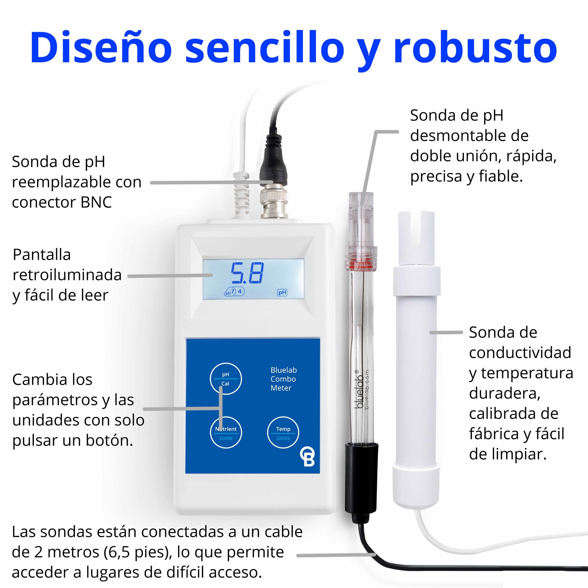 Medidor combinado METCOM de Bluelab - Medidor combinado de pH, temperatura y conductividad (CE) con sondas, de fácil calibración