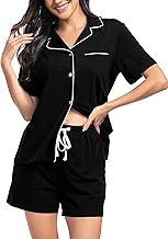 Lovasy Pyjama Coton Femme Short Ensemble Pyjamas Légers Col V Manches Courtes Chic Été 2 Pièces Vêtements de Nuit Court Boutonnée