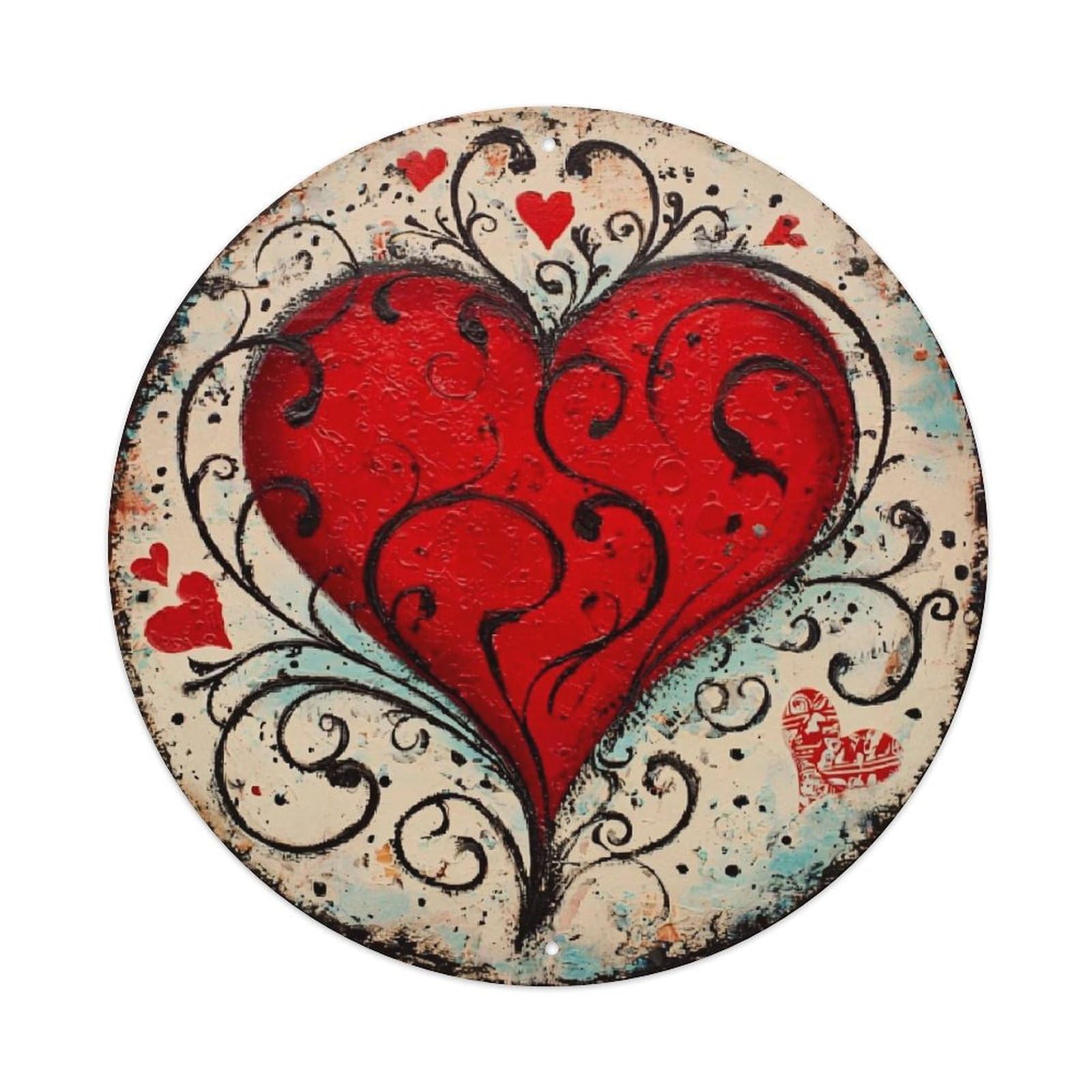 Red Heart With Swirls And Dots Retro Metal Sign Round Tin Sign, Vintage Decor Art Poster for Bar, Home, Man Cave, Kitchen, Laundry Room Gift 8x8Inch
