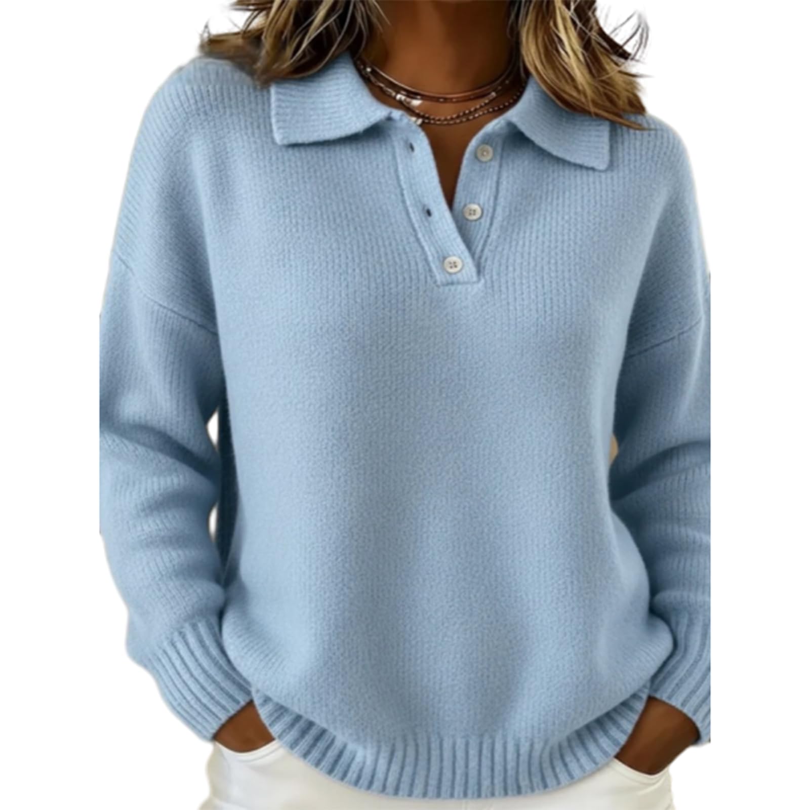 Classic Polo Neck Button-Down Solid Color Sweater Top Womens Knit Sweater Polo Long Sleeve with Buttons
