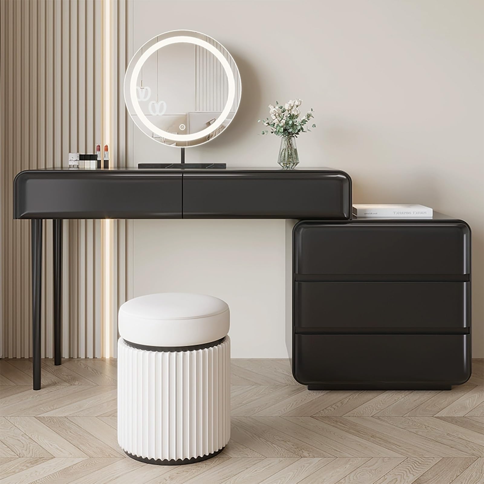 CGCSYZ Vanity Table, Black Makeup Vanity Desk, Dressing Table with Storage Cabinet and Stool, Women Makeup Table, Vanity Makeup Desk, Vanity Set with Adjustable 3 Color LED Lights(100cm/39.3in)