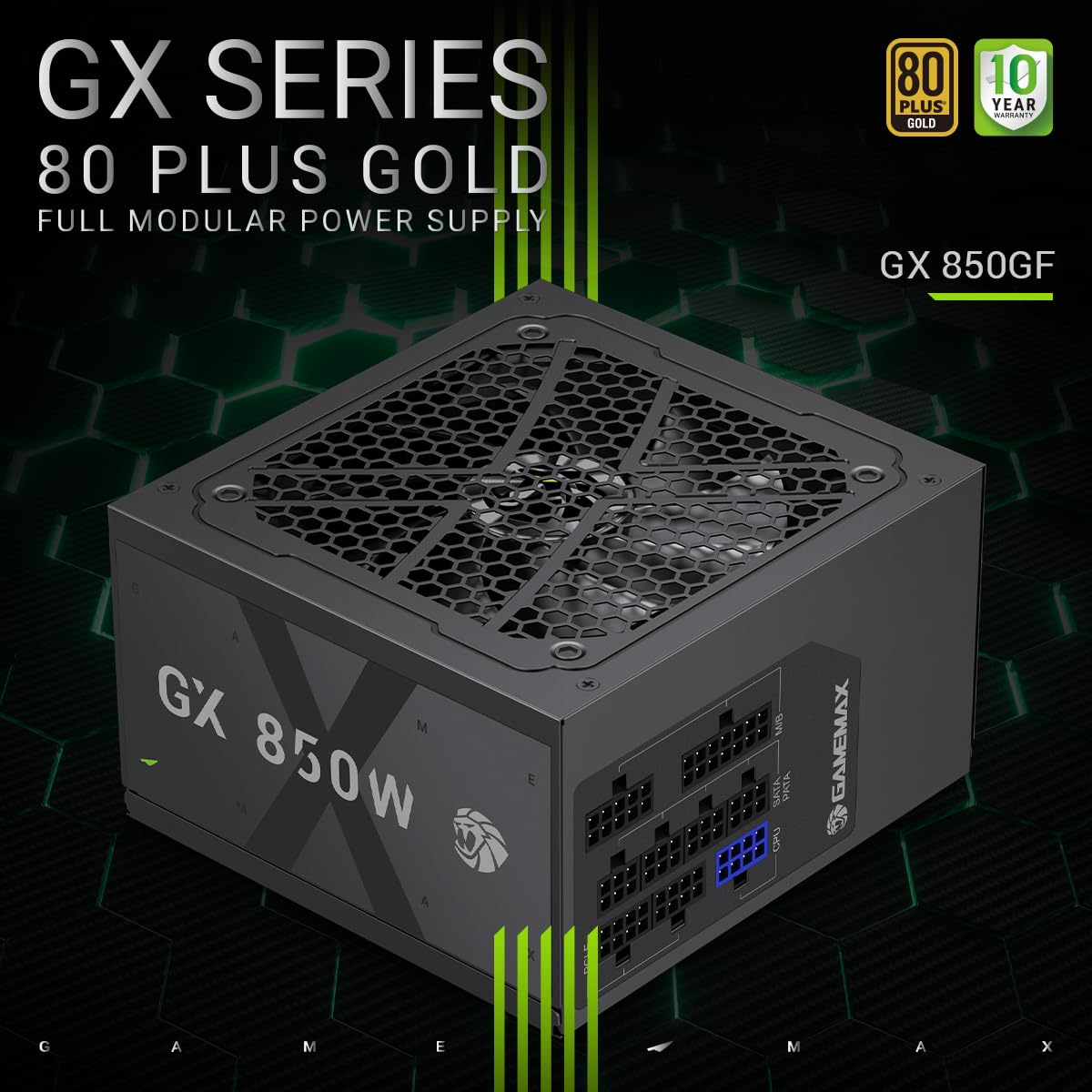 GAMEMAX GX 850GF Netzteil PC 850W Vollmodulares ATX 3.0 mit 12V-2x6-Kabel & PCIe 5.0 Support, 80 Plus Gold, All-solid capacitors, 120mm FDB Lüfter, Geprägte Flachkupferkabe, 10 Jahre Garantie, Schwarz