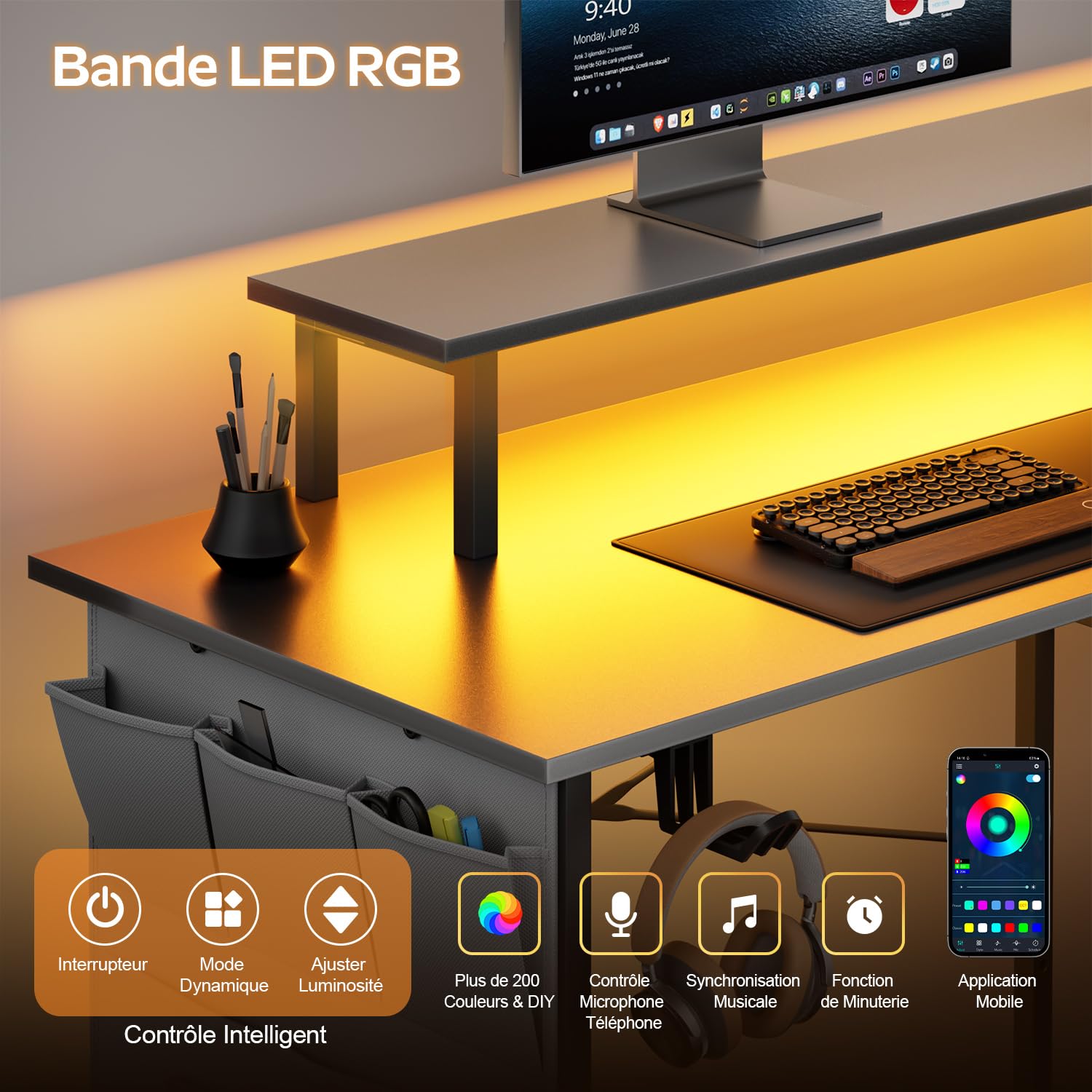 SOLAVERO Bureau Gaming en L LED, 110 x 80 cm, avec Rangement, Gris