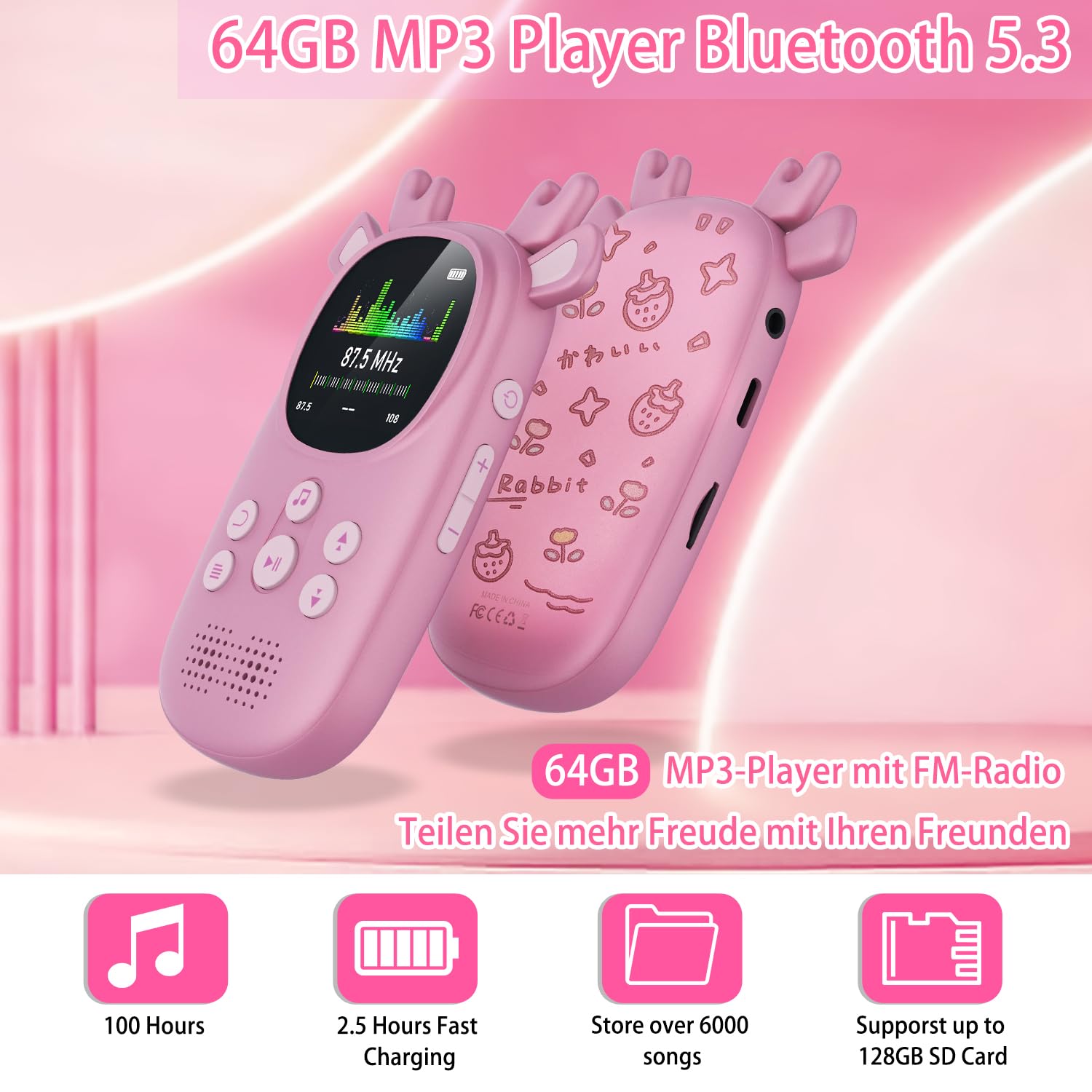 CCHKFEI Reproductor de MP3 para Niños de 64GB con Bluetooth de 5.3,1,8 Pulgadas, Bluetooth Reproductor de MP3 con Auriculares Reproductor Música Altavoces con Radio FM,Grabación,Podómetro,Cronómetro