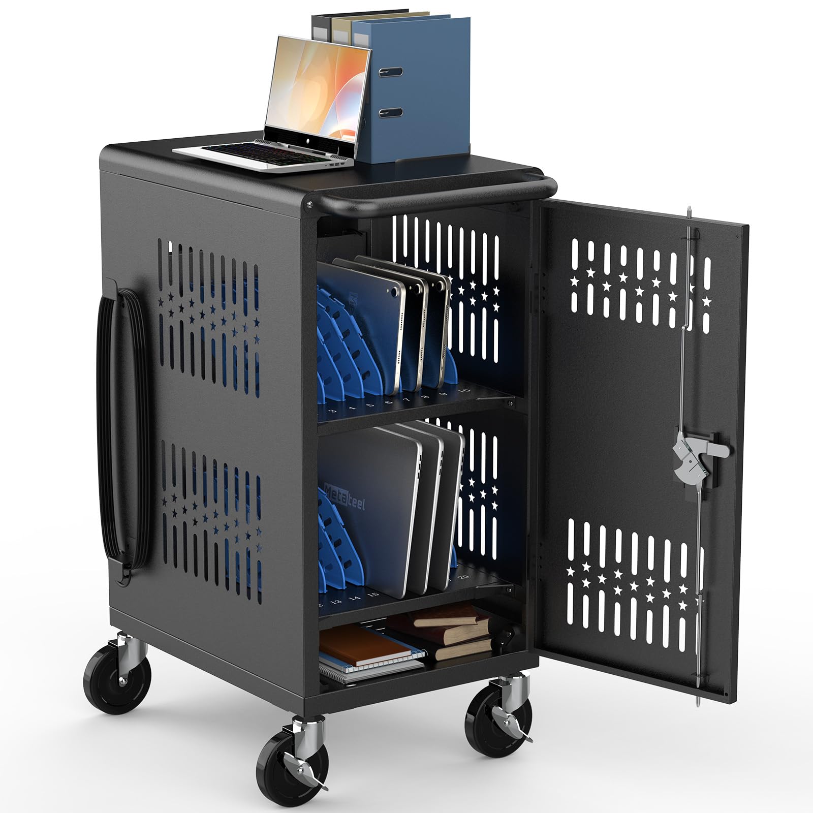 Pre-Assembled American Style Heavy-Duty 20 Bay Laptop Charging Cart for School Classroom Storing and Charing 20 Chromebook, Laptop, and Tablet
