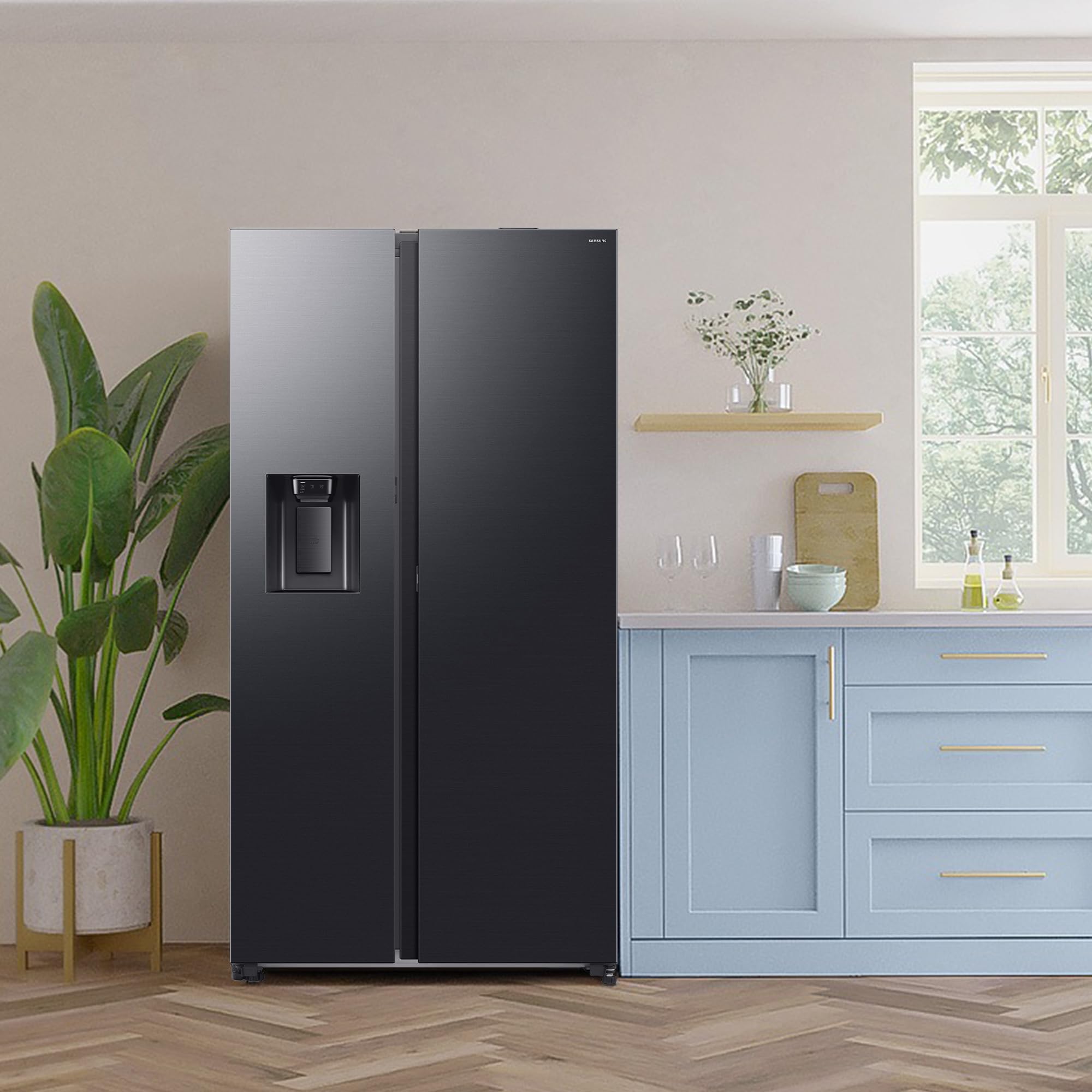 Samsung RS80F66KCFEF Side-by-Side Kühl-Gefrierkombination, AI Kühlschrank mit Gefrierfach, 178 cm, 634 l, Eis- und Wasserspender mit Festwasseranschluss, AI Voice Control & Energy Mode, Black Steel