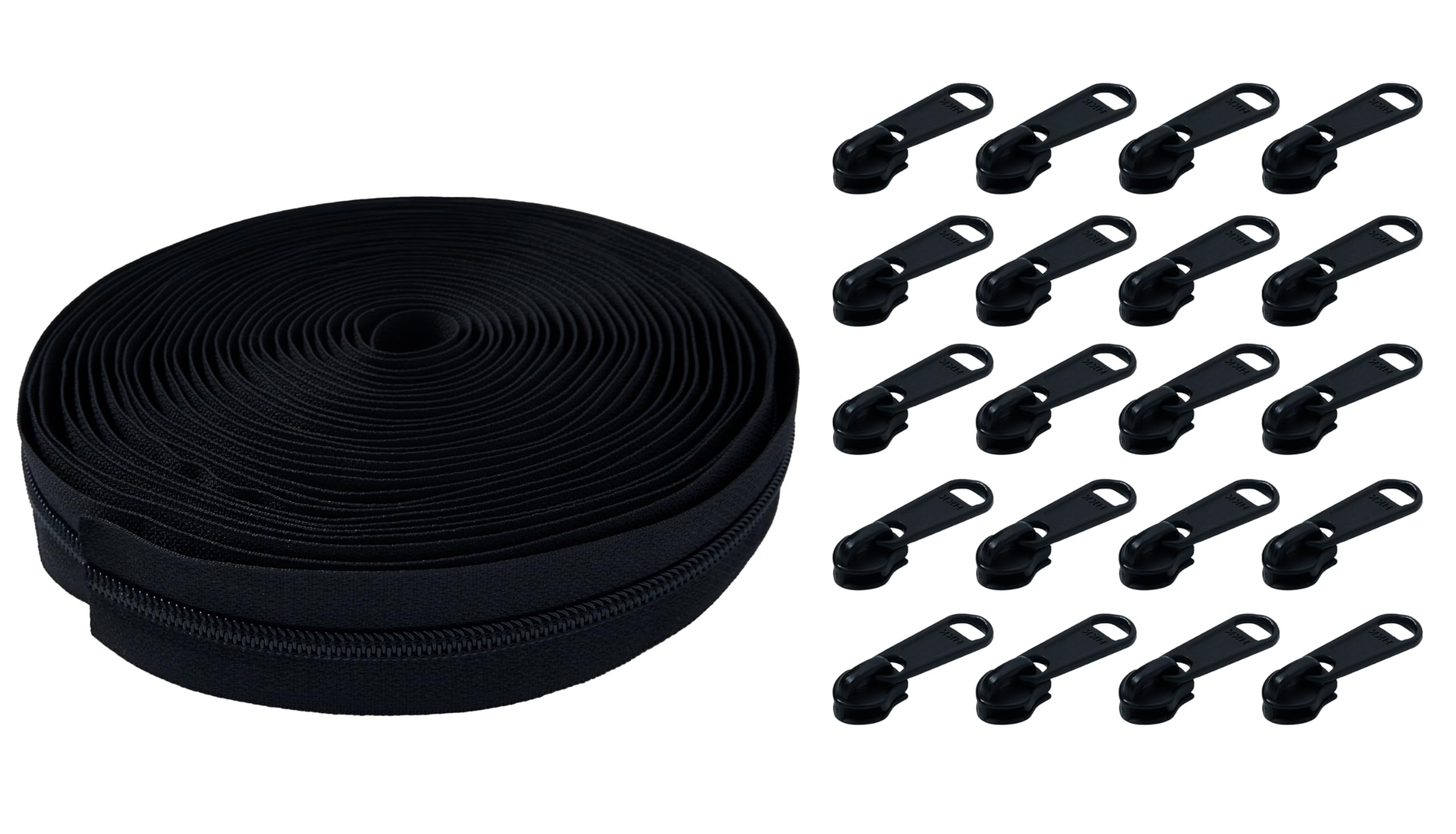 HKK Zipper by The Yard with pulls #8, 10 Yards with 20pcs Sliders nonlock for Repairs & Replacements Suitcase, Bags, Tent, Heavy Duty Fasten Function Upholstery, Covers (Black Color)