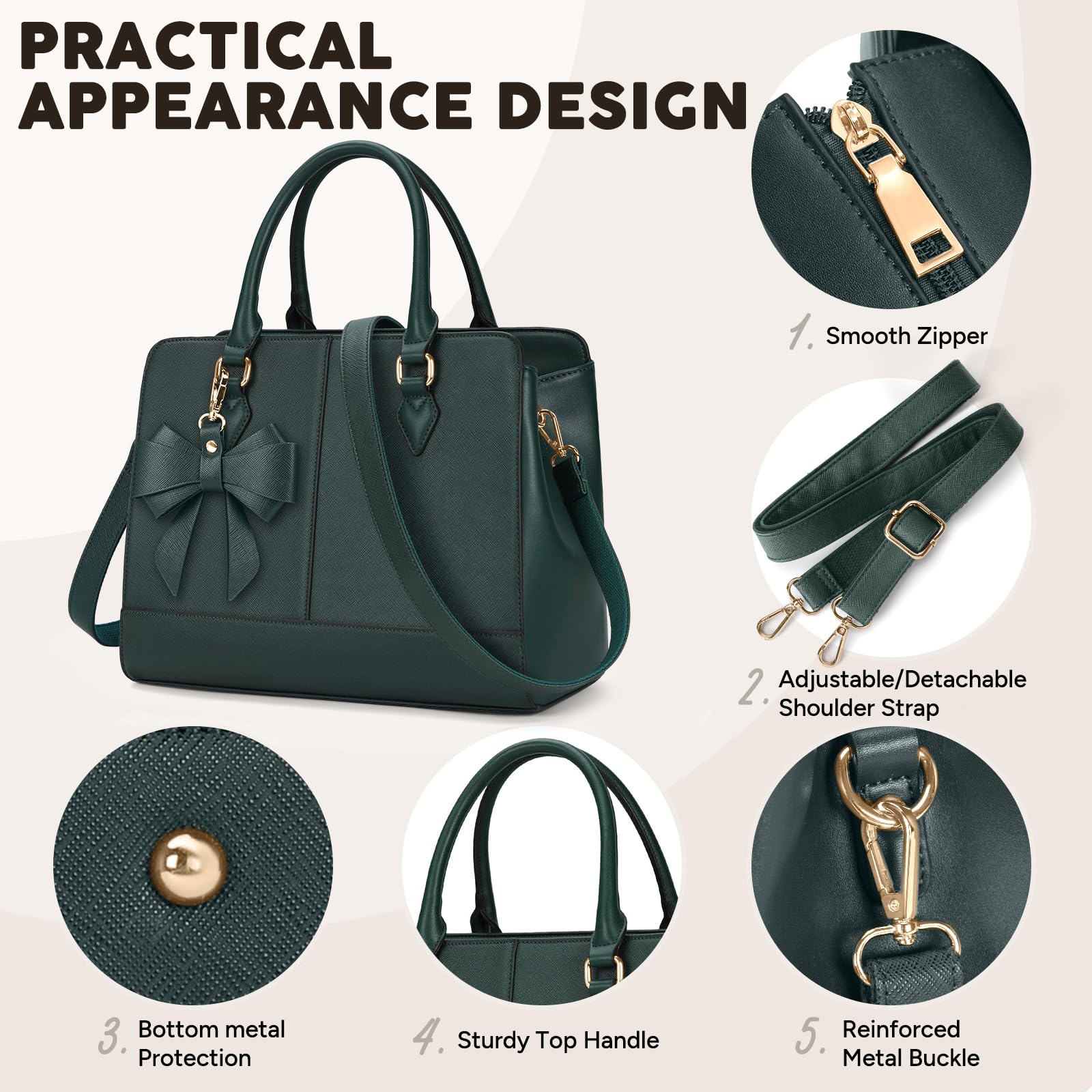 RAINSMORE Sac a Main Femme Cuir PU Cabas Femme Grand Sacs à Main Portés Épaule Tendance Sac à main Pour les Cours Lycee Fourre Tout Bandoulière Travail 13 Pouces Vert Foncé