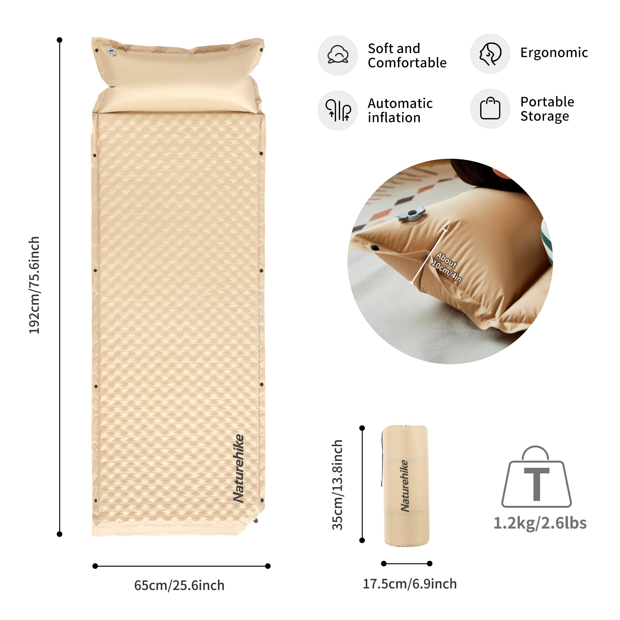 Matelas De Camping Auto-Gonflant Naturehike 3 Cm Mousse Mémoire - Kaki Ultra Léger Randonnée