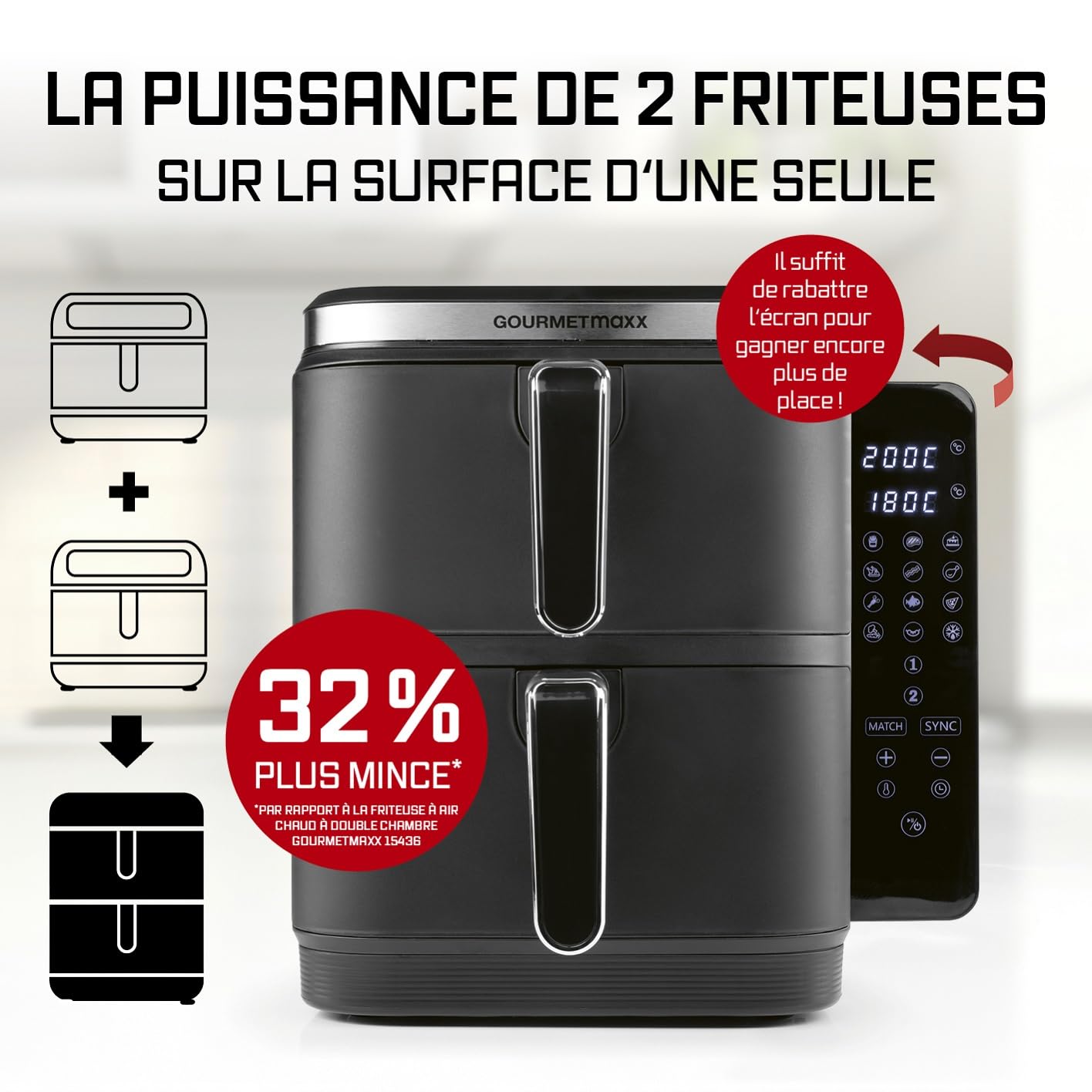 GOURMETmaxx FryUp Friteuse à air chaud verticale à double chambre | Airfryer 10 litres | 4 aliments sur 4 niveaux | Écran tactile rabattable | 32% de gain de place | Friteuse à air chaud 2 chambres