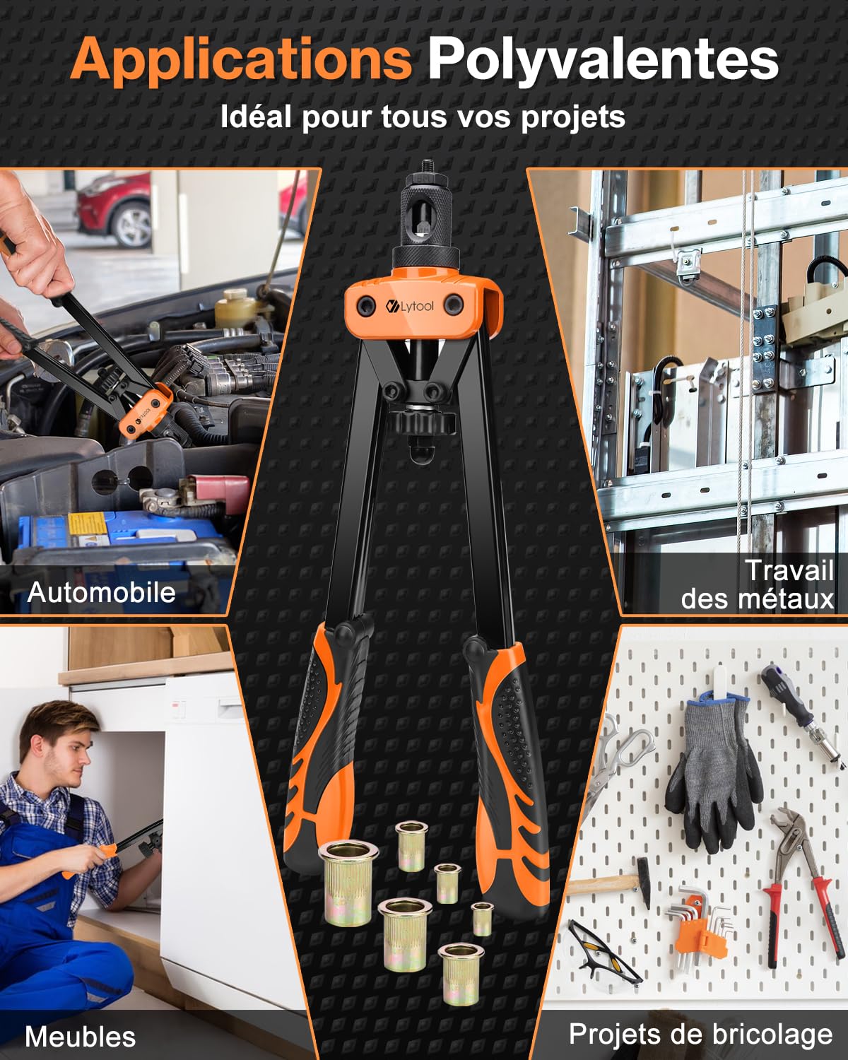 Lytool Pince-a-Insert Fileté 14",6 Mandrins Métriques, 70 Écrous, M3-M10 | Pince-à-Écrou-Fileté Avec Étui de Transport Robuste,M6 Est Sur La Pince à Écrou 2 Goupilles de Verrouillage