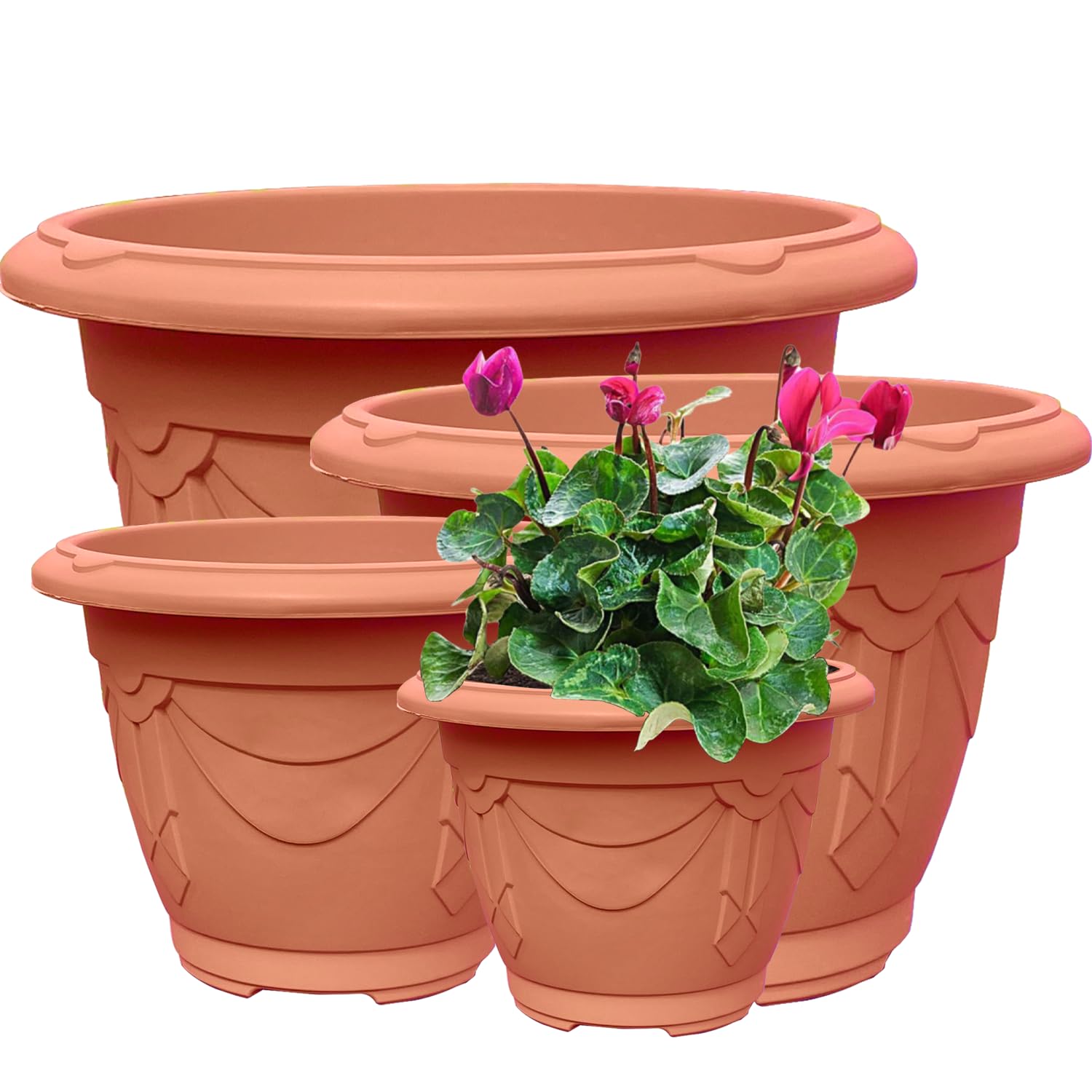 VR7 2 x grandi vasi da giardino rotondi in plastica per piante da giardino in argilla nera lavare da 43 cm a 34 cm (argilla, 2 vasi da fiori da 43 cm)