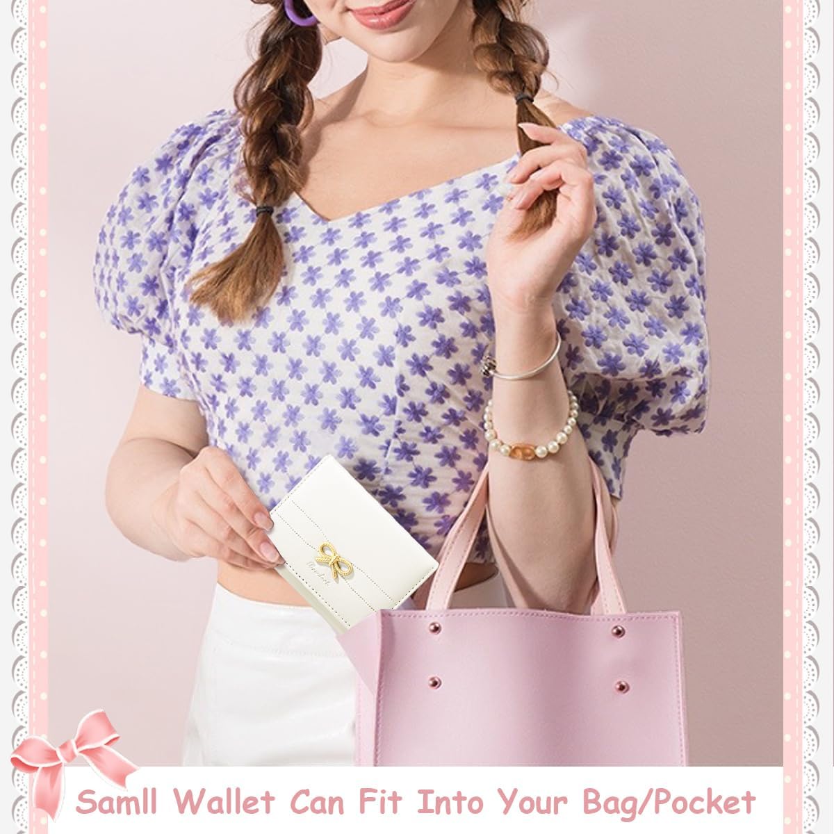 Small Wallet Coquette Bow Wallet for Girls Cute Wallet ID Credit Card Holder for Women (CREAM)