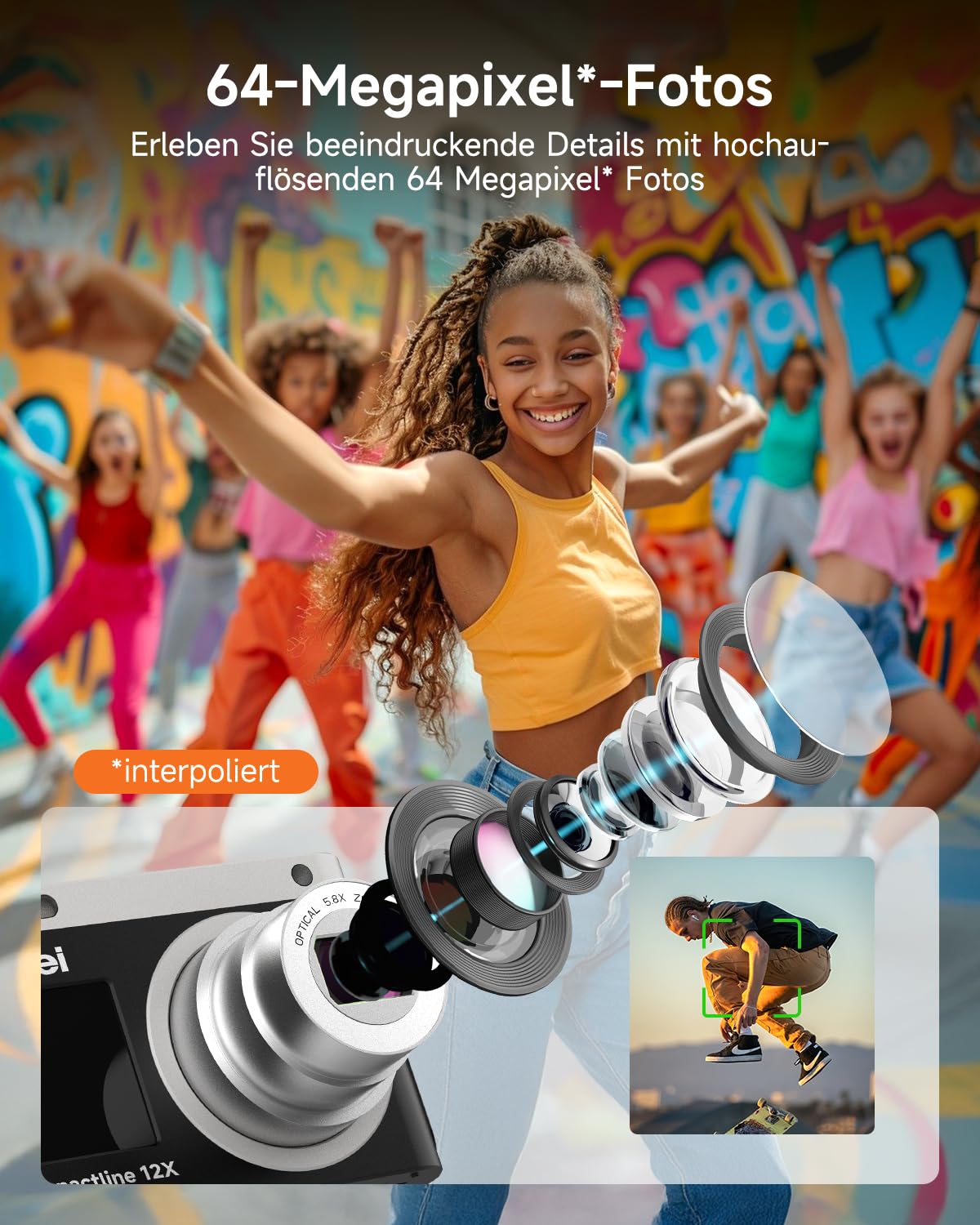Rollei Compactline 12X Digitalkamera 64MP 4K 12X Optischer Zoom Dual Display Kompaktkamera