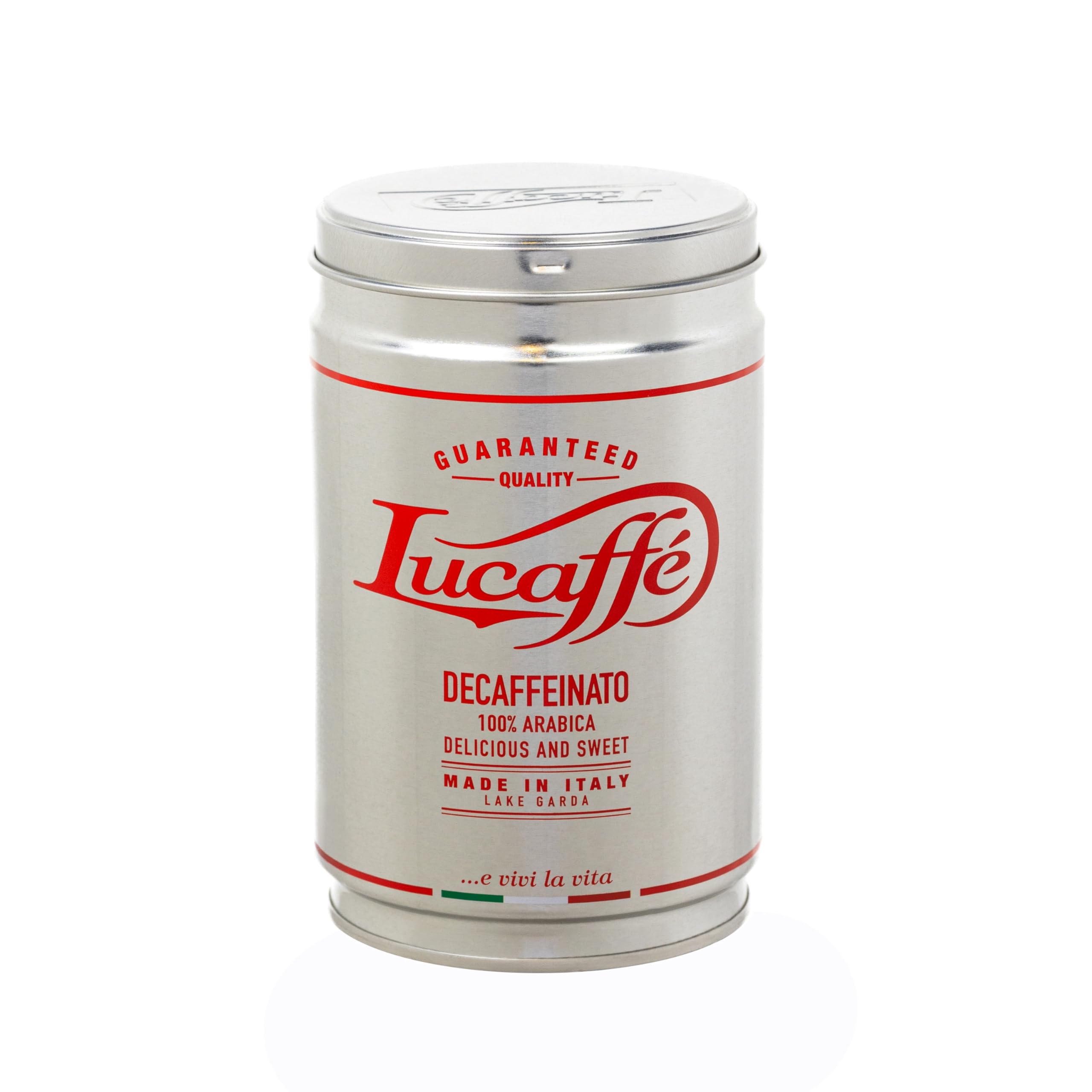 Lucaffe - Entkoffeinierte Kaffeedose gemahlener Kaffee Decaffeinato, 250 Gr | Kaffee für Espresso ohne Koffein gemahlen | Dunkel Röstung | Decaf, süßer, fruchtiger Geschmack, cremig |intensives Aroma