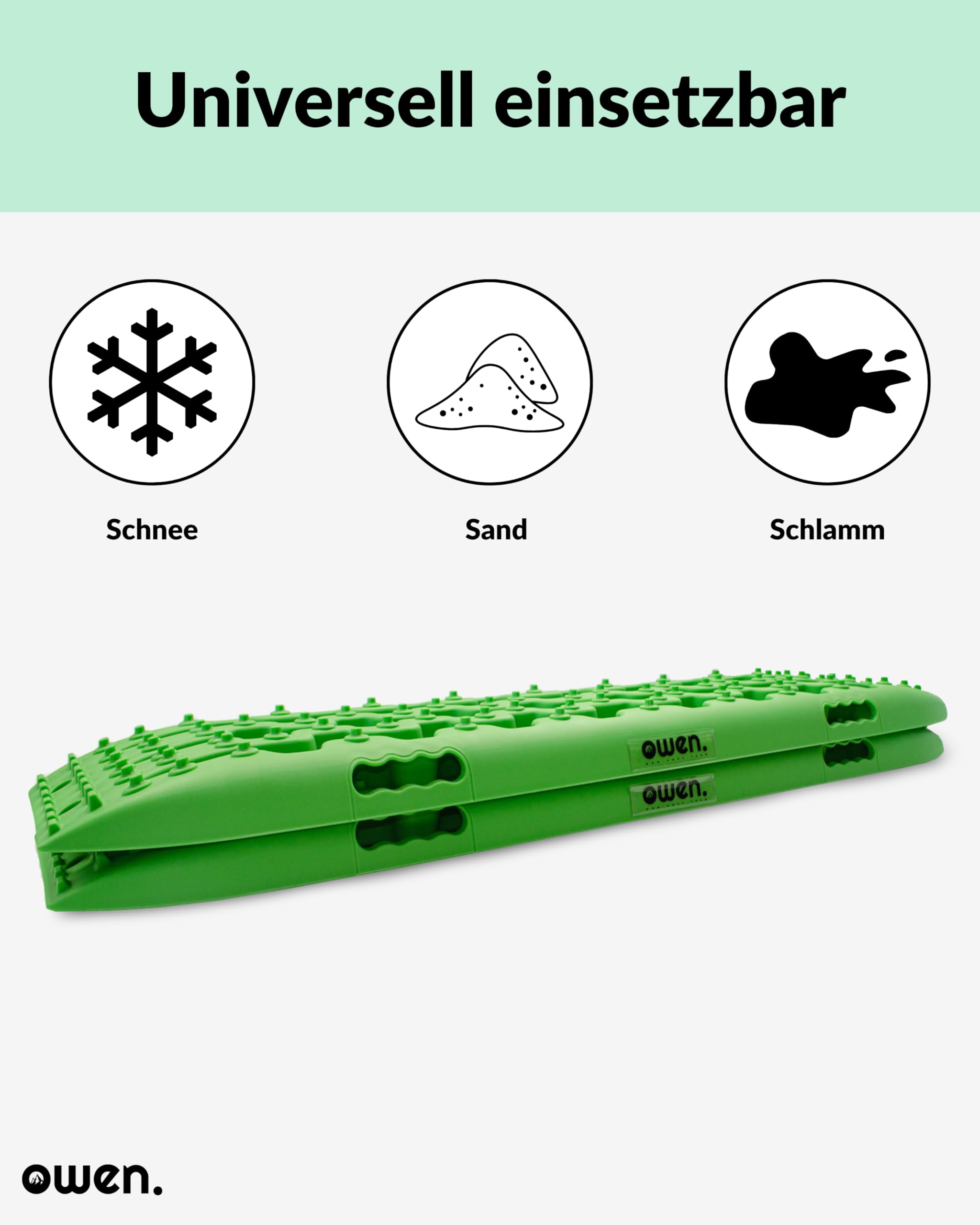 Owen Traktionshilfe Grün | Anfahrhilfe für Auto, Offroad, Schnee & Schlamm | Robuste, UV-beständige Kunststoffkonstruktion | Kompakt & Leicht für Einfachen Transport