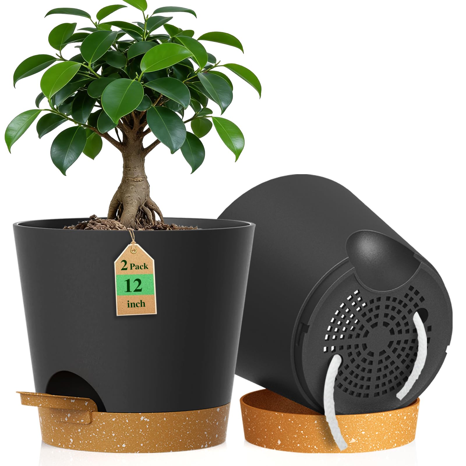 WSMKSZ 30 cm Large Self Watering Plant Pots Indoor Outdoor, 2 Pack 12 inch Thick Plastic Flower Pots with Drainage Holes & Deep Reservoirs, Planters with Cotton Wicks for House Plants, Black Brown