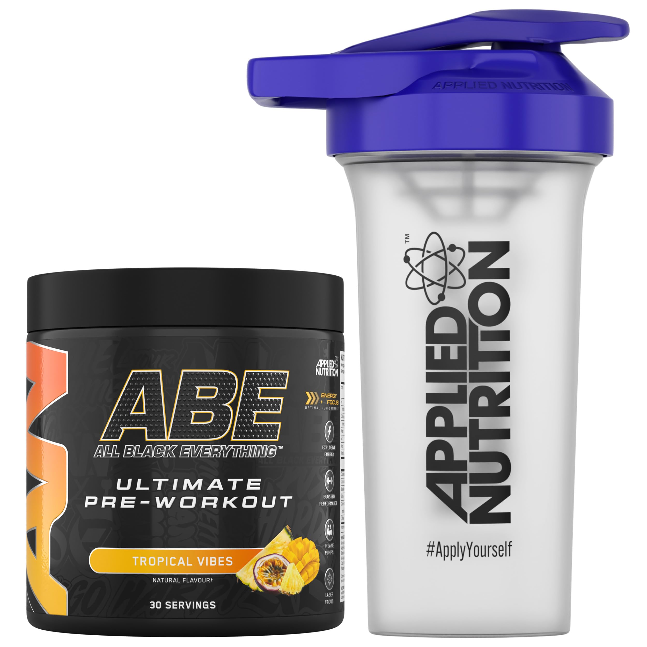 Applied Nutrition Bundle ABE Pre Workout 315g + 700ml Protein Shaker | All Black Everything Pre Workout Powder, Energy & Physical Performance with Creatine, Beta Alanine (Tropical)