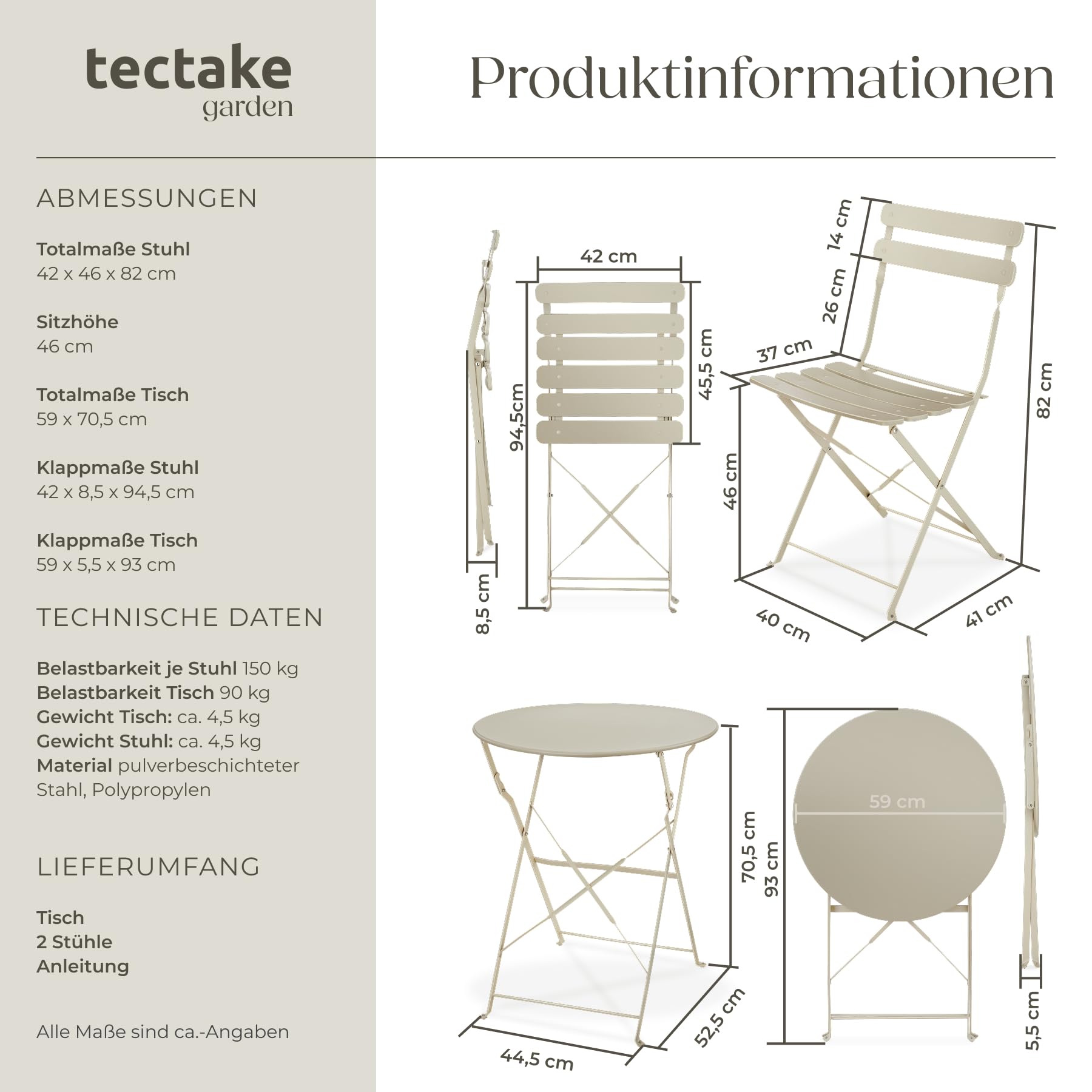 tectake® Gartenmöbel Bistro Set aus Gartentisch mit Stühlen, Balkonmöbel Kleiner Balkon, Klapptisch mit 2X Gartenstuhl, Outdoor Sitzgruppe mit Balkontisch, wetterfest für Garten, Balkon (Creme)
