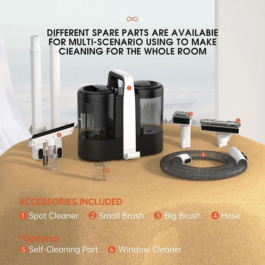 Limpiador de manchas para alfombras de 600 W, limpiador de vapor portátil de 15 kPa, quitamanchas para sofás, alfombras, asientos de coche, dormitorios y salas de estar, con doble depósito de agua.