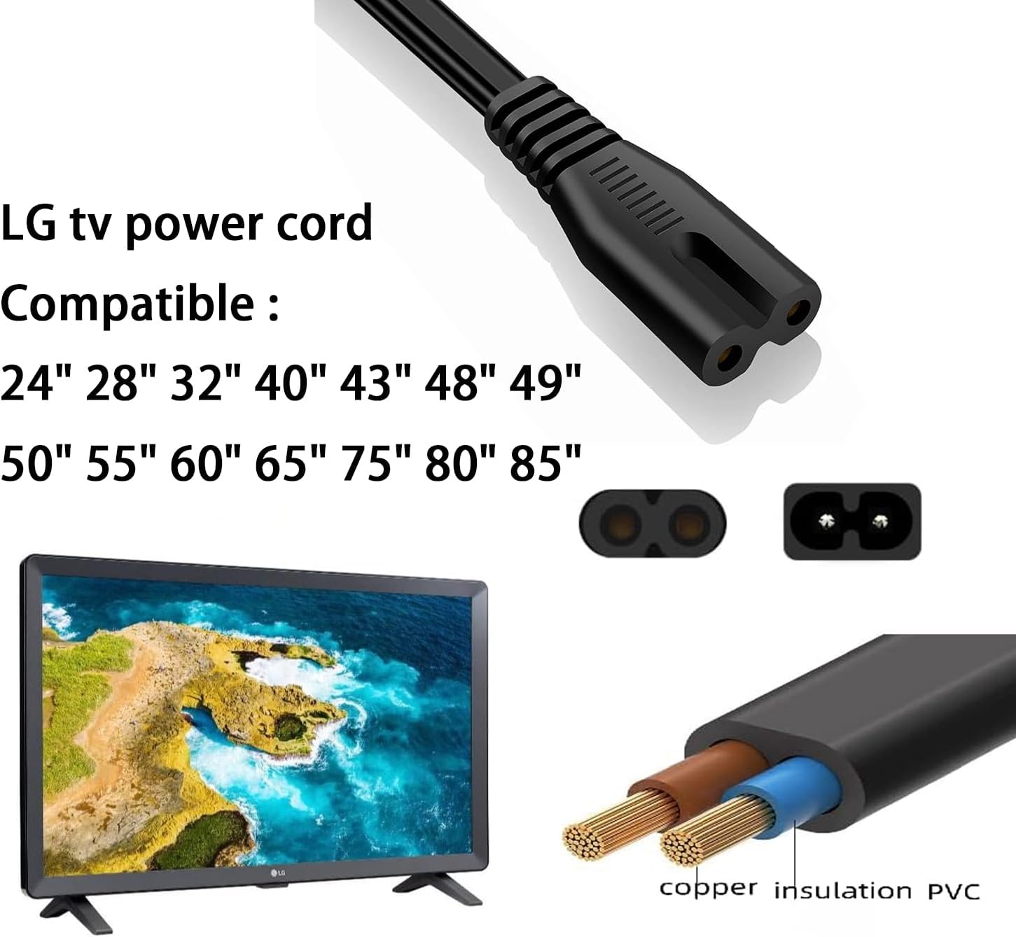 10FT TV Power Cable for LG TV 24" 28" 32" 40" 43" 48" 49" 50" 55" 60" 65" 75" 80" 85" Inch, 90 Degree Angled 18AWG 2-Prong to L-Shaped C7 Power Cord for LG 43LH570A 55UH6090 Frame Power Cord Cable
