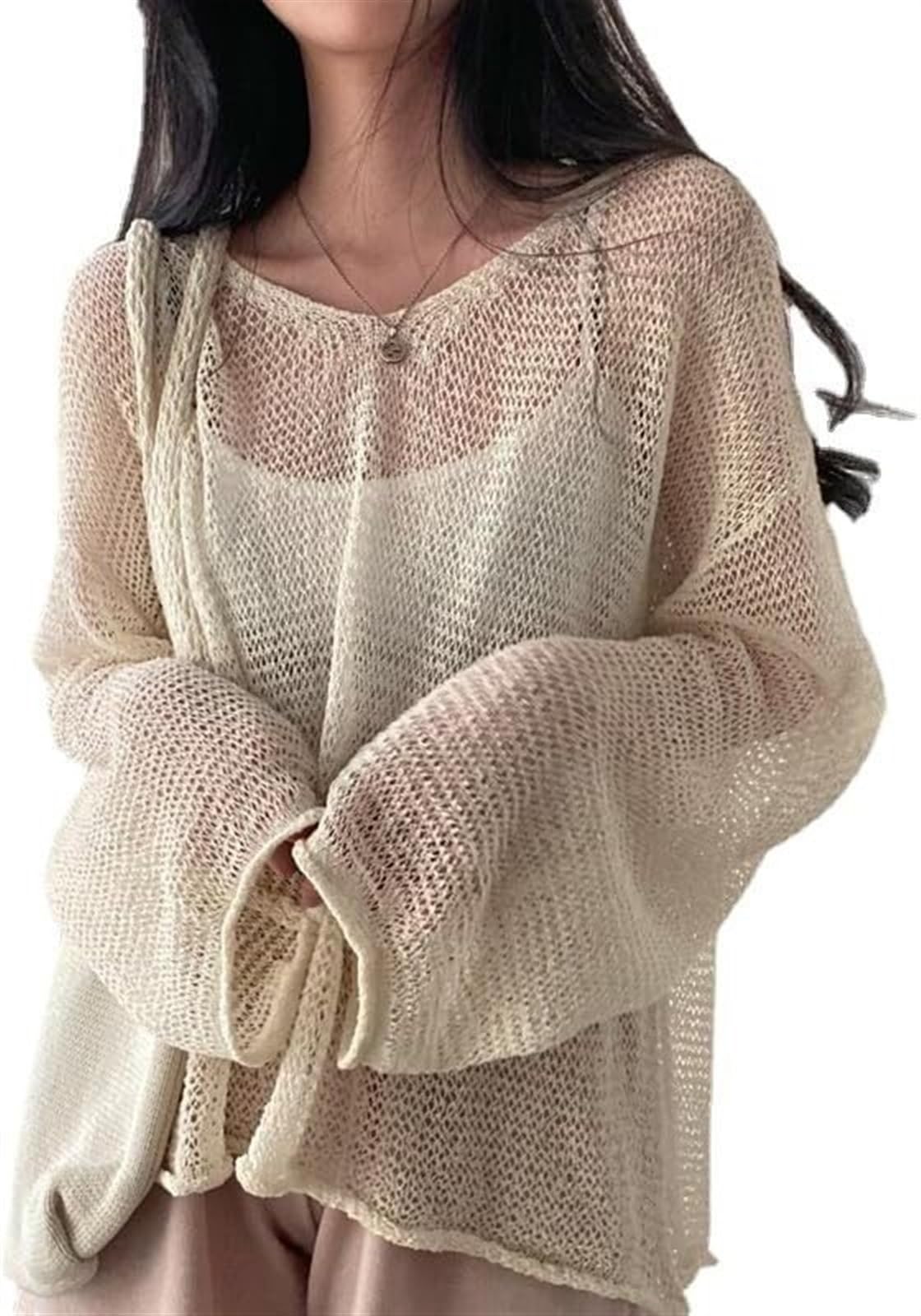 YANROSE Crochet Tops For Women Fairycore Blouse Coquette Aesthetic Crochet Top Cottagecore Clothing Fairy Grunge Lightweight Sweater Y2K Knitted Tops (Color : Beige)