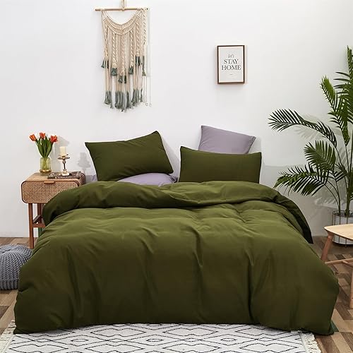 Cottonight - Juego de edredón unicolor verde, suave y transpirable, juego moderno de 3 piezas, para cama tamaño matrimonial, color verde oscuro
