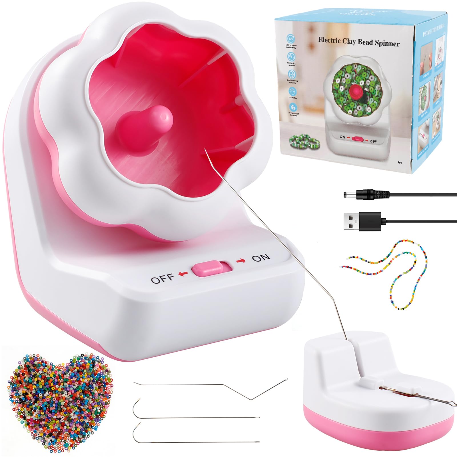 Clay Bead Spinner with Base, Electric Bead Bowl Spinner for Jewelry Making, Friendship Bracelets Maker with 2 Needles Fast Stringing Machine Jewelry Making Tool for Waist Beads, Bracelet, Necklace