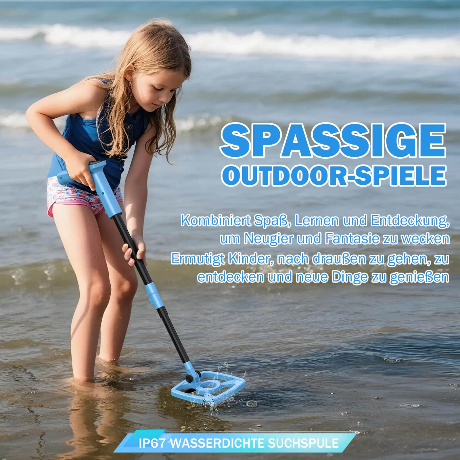 Metalldetektor Kinder Set mit Rucksack, Schaufel & Harke | Leichter Verstellbarer Detektor für 8–12 Jahre | IP67 wasserdichte Suchspule, 10 cm Tiefe | Outdoor Schatzsuche Lern- & Spielzeug Geschenk