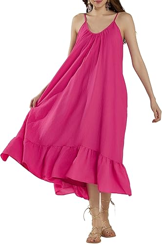 noflik Women's Waterfall Gatered Ruffle Low Back Maxi Dress(Fuchsia, L)