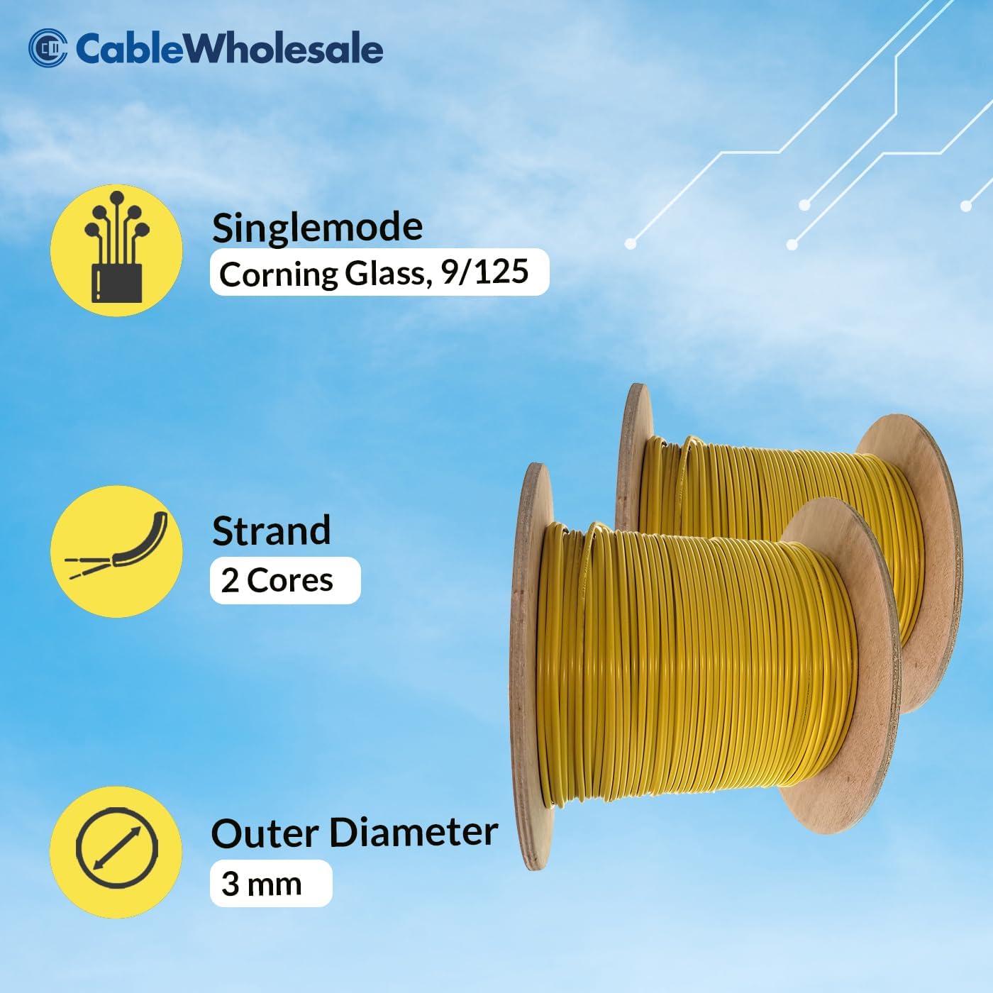 CableWholesale Bulk Zipcord Fiber Optic Cable, Singlemode, OS2 9/125 Micron, Two Fiber - Duplex Fiber Optic Cable, Yellow, Riser Rated, Spool, 1000 feet