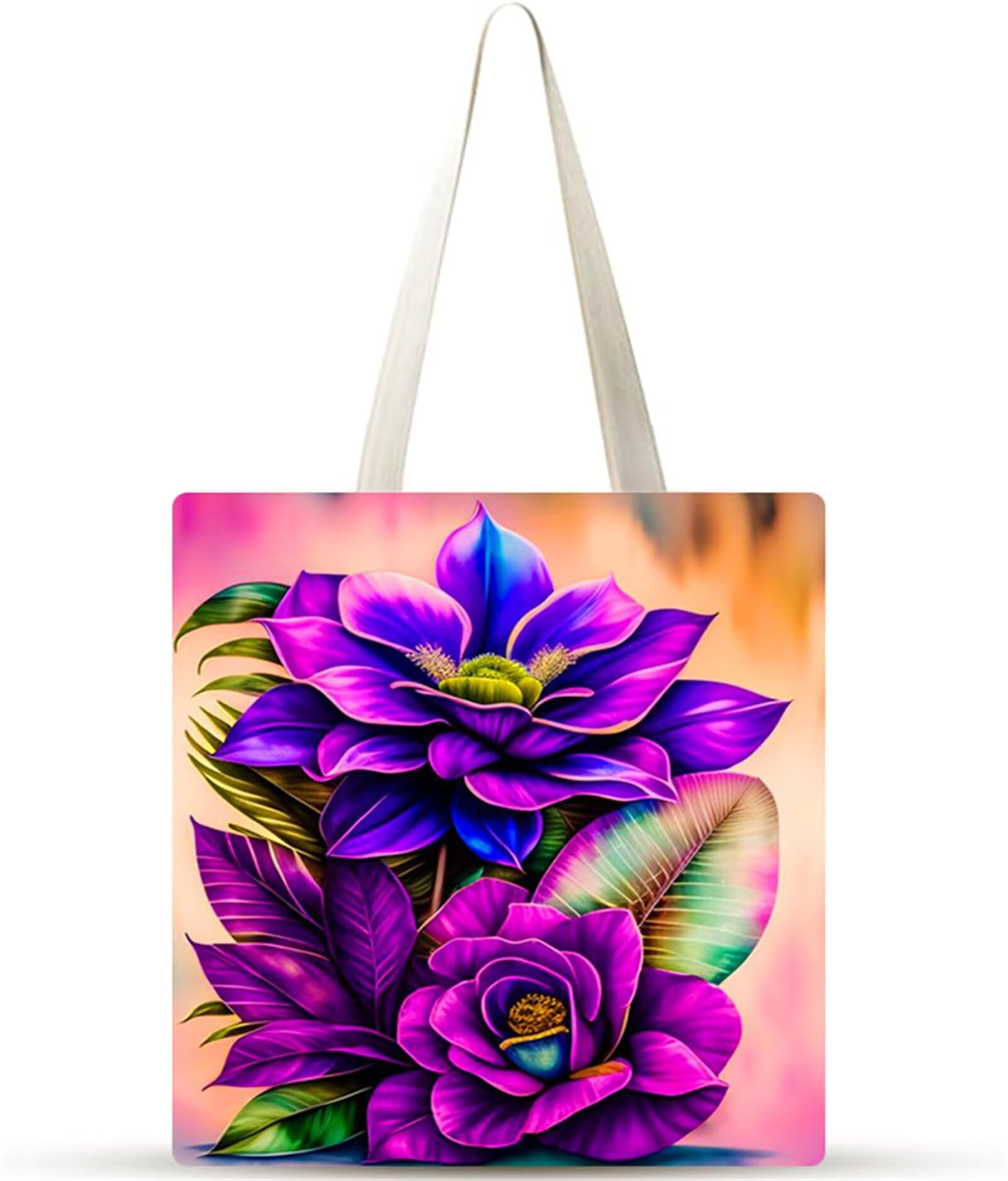 Flores moradas Bolsa de Lona,Tote Bag sin Cremallera,Canvas Tote Bags para Mujer Bolsa de Compras Plegable, Bolso de Mano Lavable para Compras, Trabajo, Vida Cotidiana, Viajes