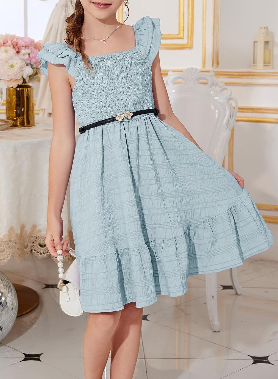 Girls Summer Dresses Cute Double Layer Ruffle Sleeve Smocked Flowy Dress 6-15 Years - Image 2