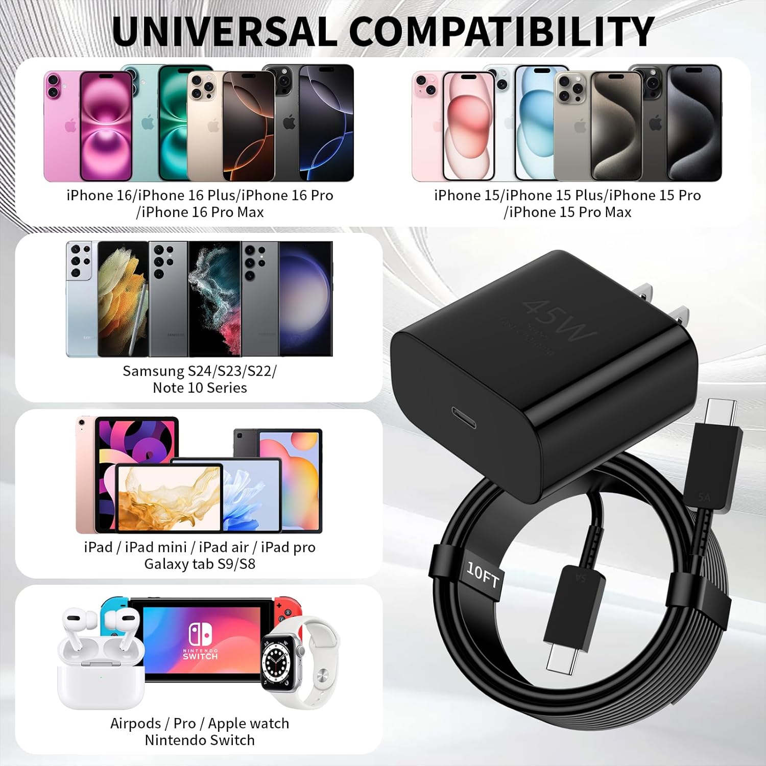 iPhone 16 15 Fast Charger 10FT,2Pack 45W USB C Wall Charger Block Adapter with 10FT USB C to USB C Extra Long Charging Cable for iPhone16/16 Pro Max/16 Pro/16 Plus/15 Pro Max/15 Pro,S24/S24+ iPad Pro - Image 6