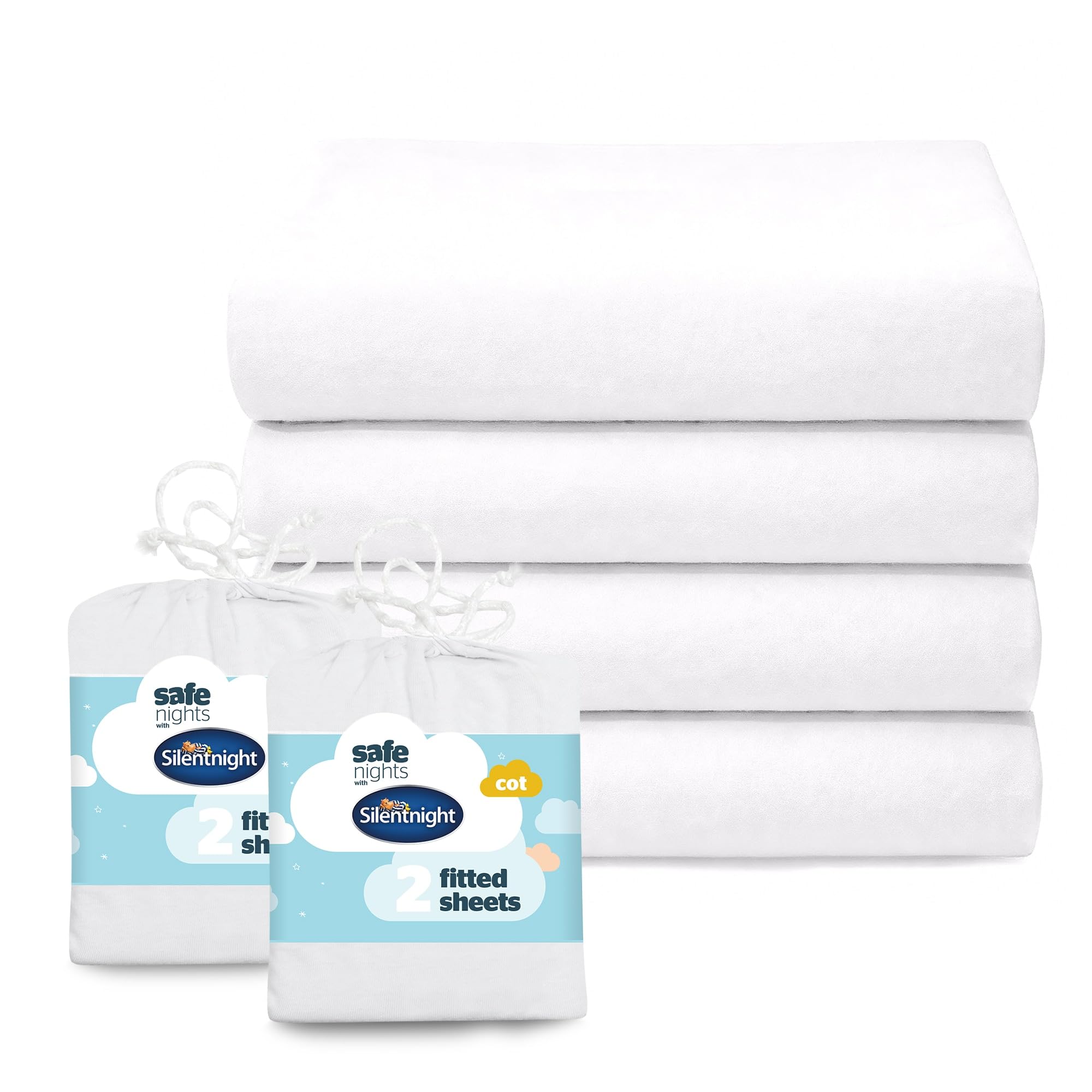 Silentnight White Safe Nights Fitted Sheet - Cot Mattress - Breathable 100% Cotton Jersey - Super Soft Kind To Baby Skin - 120X60cm - Secure Fit With Elasticated Corners - 4 Pack,