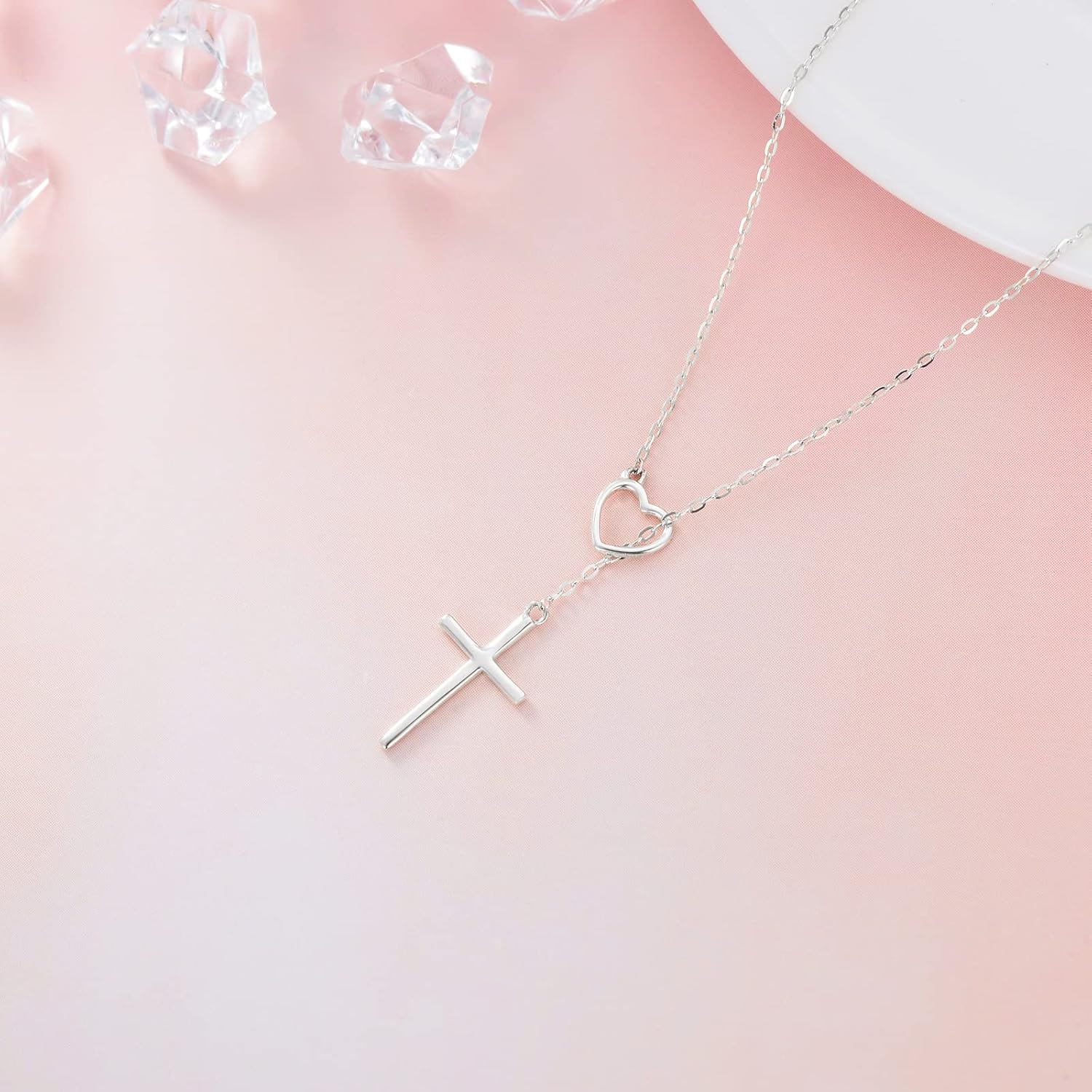 SISGEM 14K Real Gold Cross Necklace for Women,Yellow/White Gold Small Heart Cross Y-Necklaces,Anniversary Birthday Jewelry Present for Wife Mom 16''+2'' - Image 4