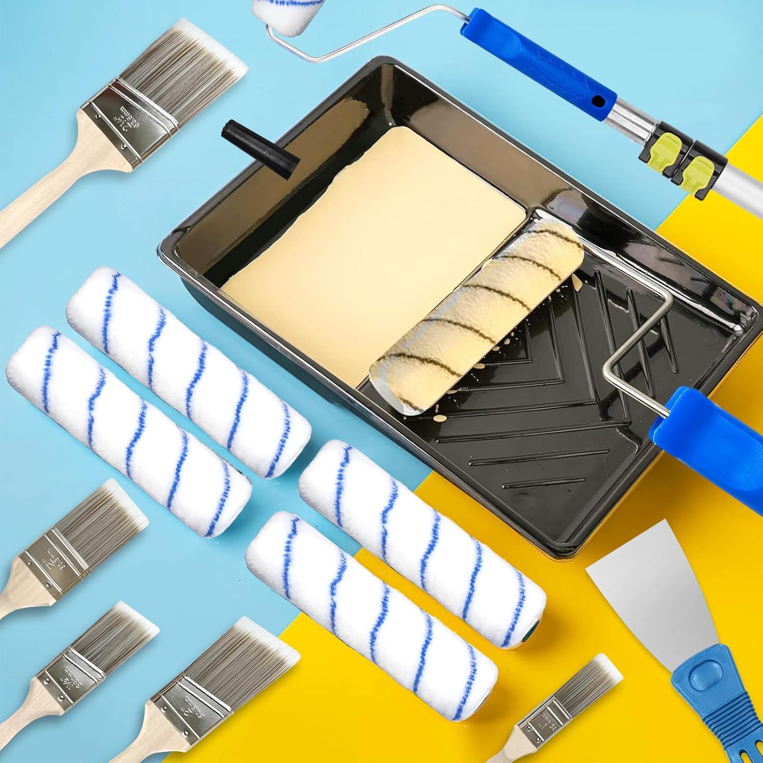 31 PCS Paint Roller Kit with Extension Pole 2 to 4 Ft,9"4"Paint Rollers Covers Frame Tray Painters Tape Professional Long Handle Paint Brush Roller Set for Painting Walls House Corner Stain Concrete