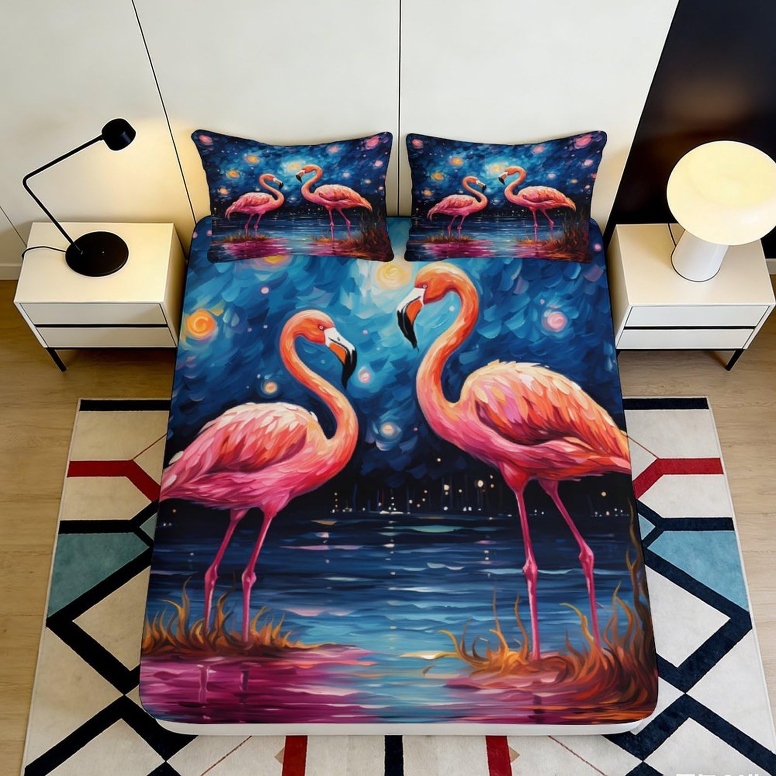 3D Printed Flamingo Lake Fitted Sheet Microfiber Soft Pink Blue Mattress Cover for Bedroom Guest Room Decor 90x200x25cm