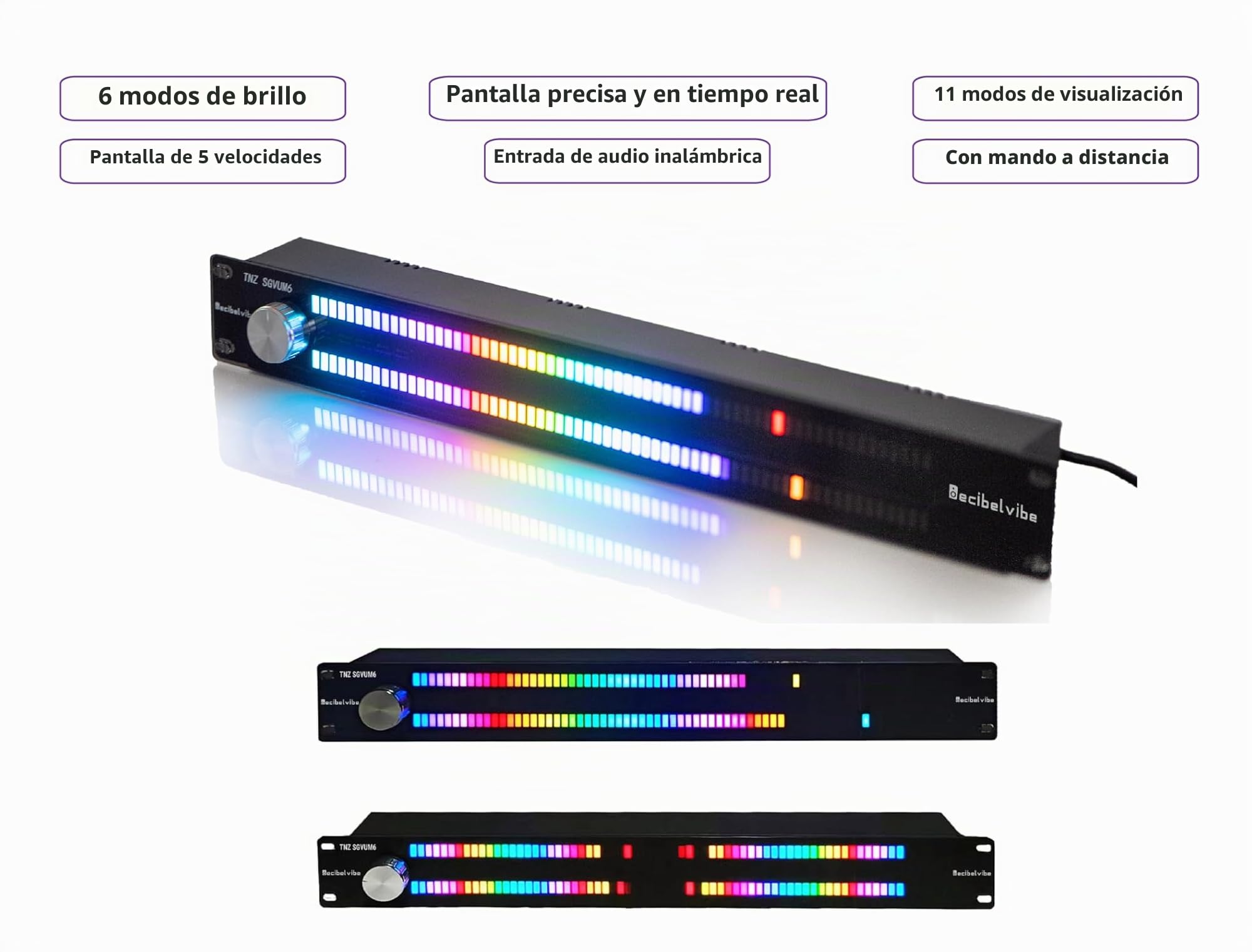 Decibelvibe TNZ SGVUM6 - Medidor de Audio gráfico VU con Entrada y Salida Auxiliar Trasera RCA/3.5, Entrada inalámbrica a través de un micrófono Integrado, con 19 Colores para el hogar, Profesionales