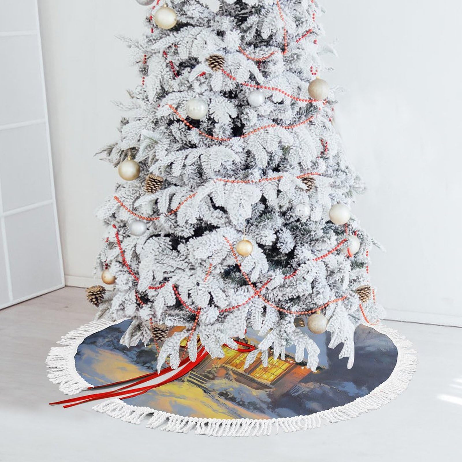Jupe d'arbre de Noël 90 cm chalet imprimé tapis de pied de sapin