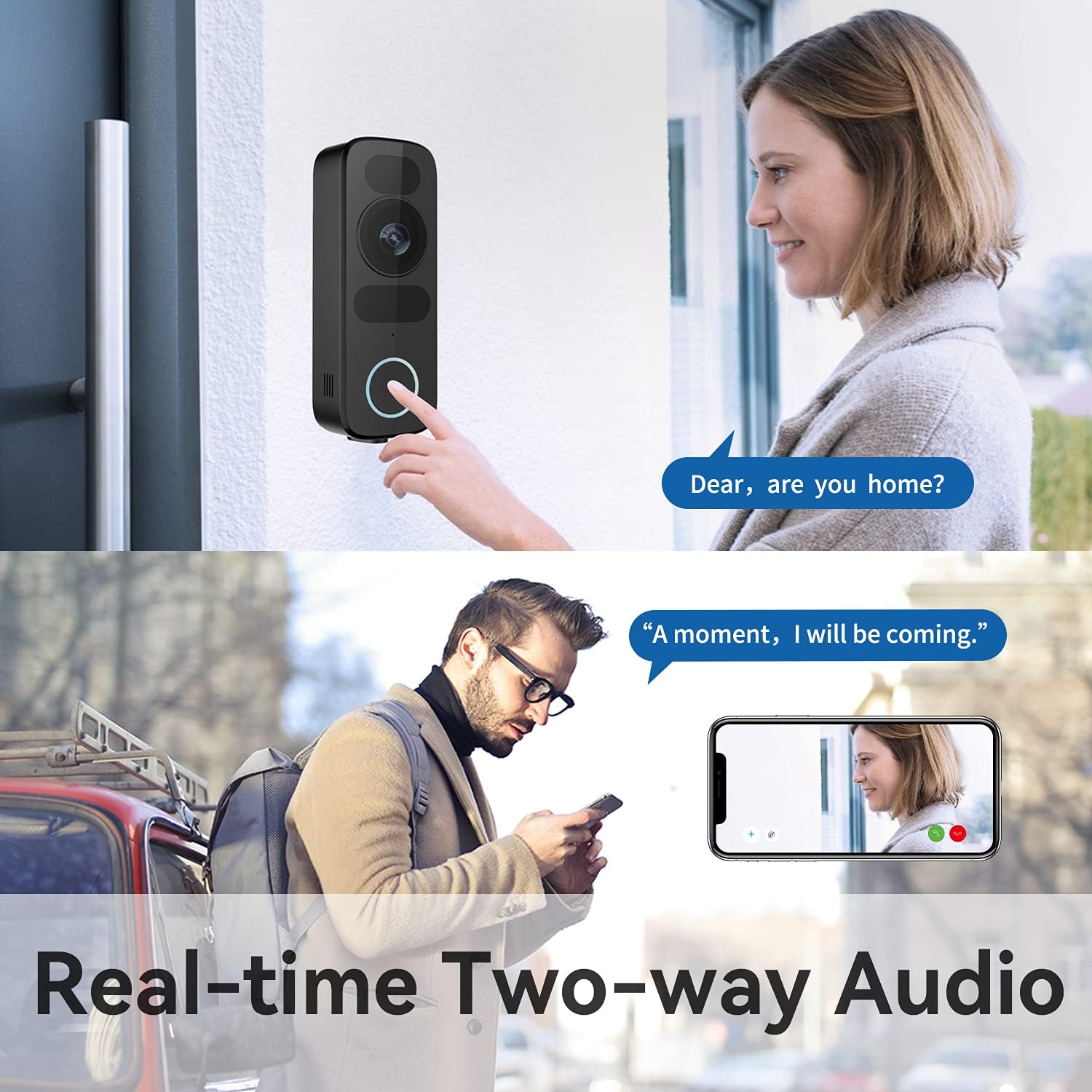 Image showing a person interacting with the doorbell camera and another person viewing the live feed and speaking via a smartphone