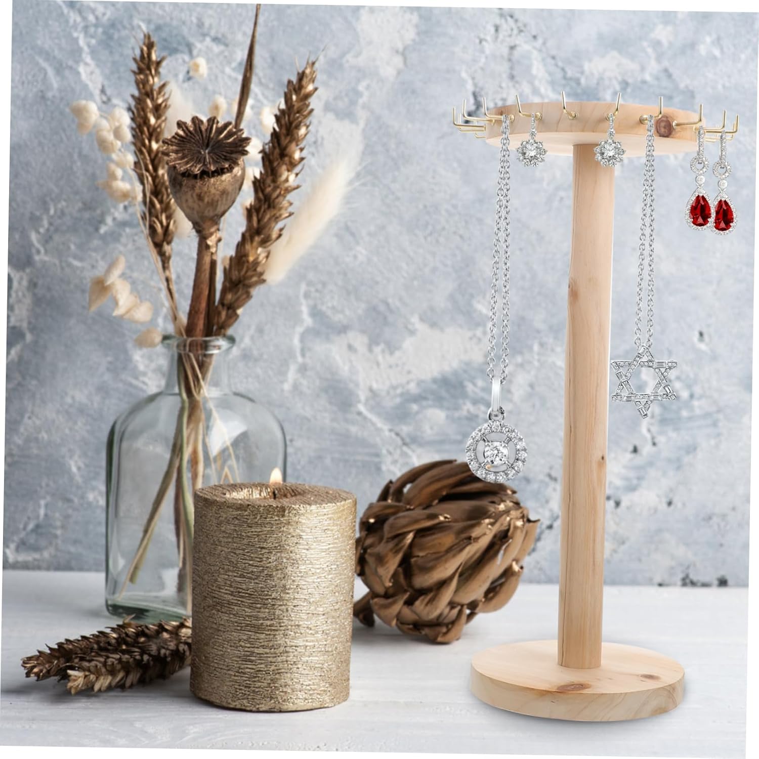 BESPORTBLE Wooden Jewelry Display Stand with Multi Hooks Earring Storage Rack and Necklace Holder Organizer for Vanity Store and Dresser Stylish Minimalist Design with Capacity and