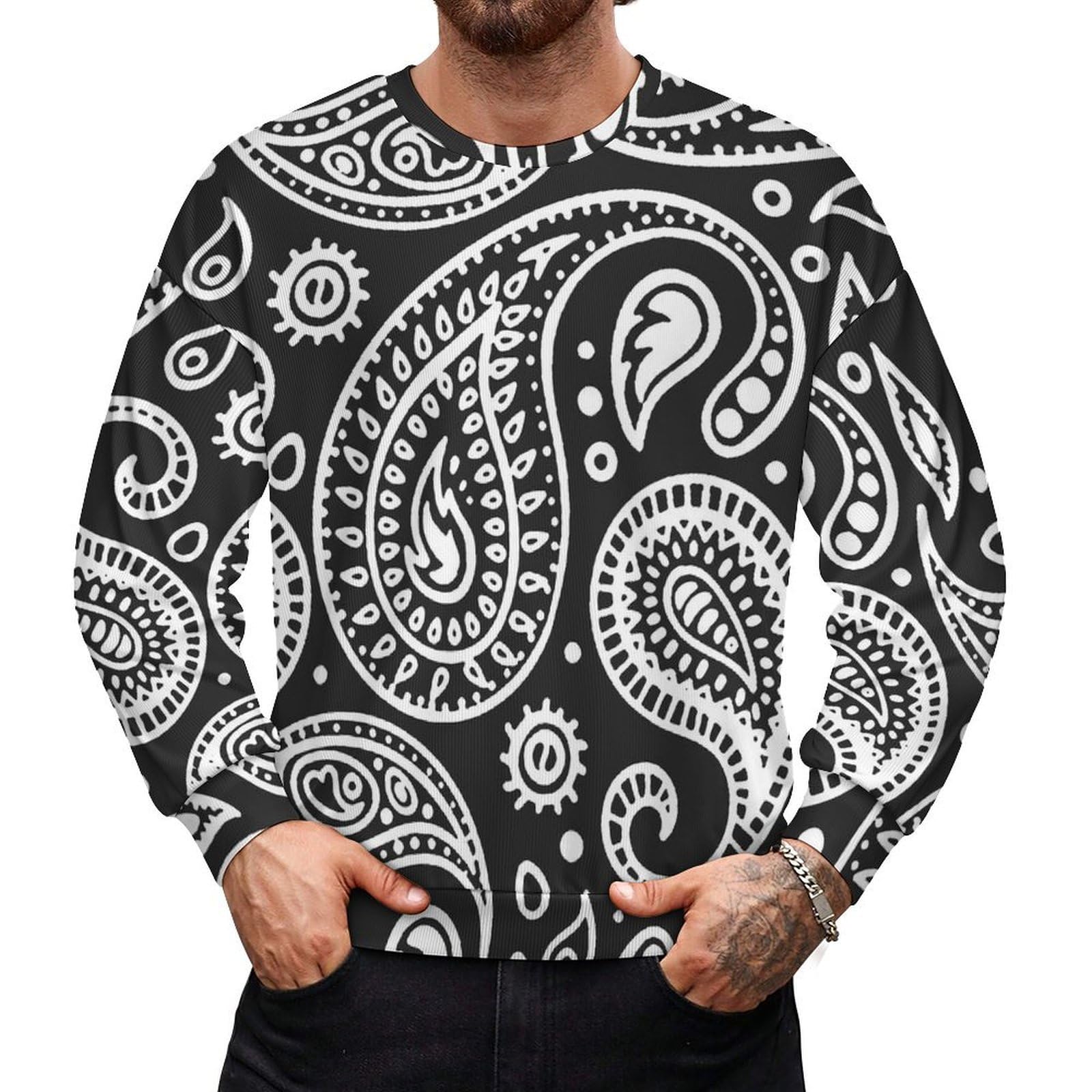 Black White Bandana Paisley Men's Sweatshirt Crewneck Pullover Long Sleeve T Shirts Top