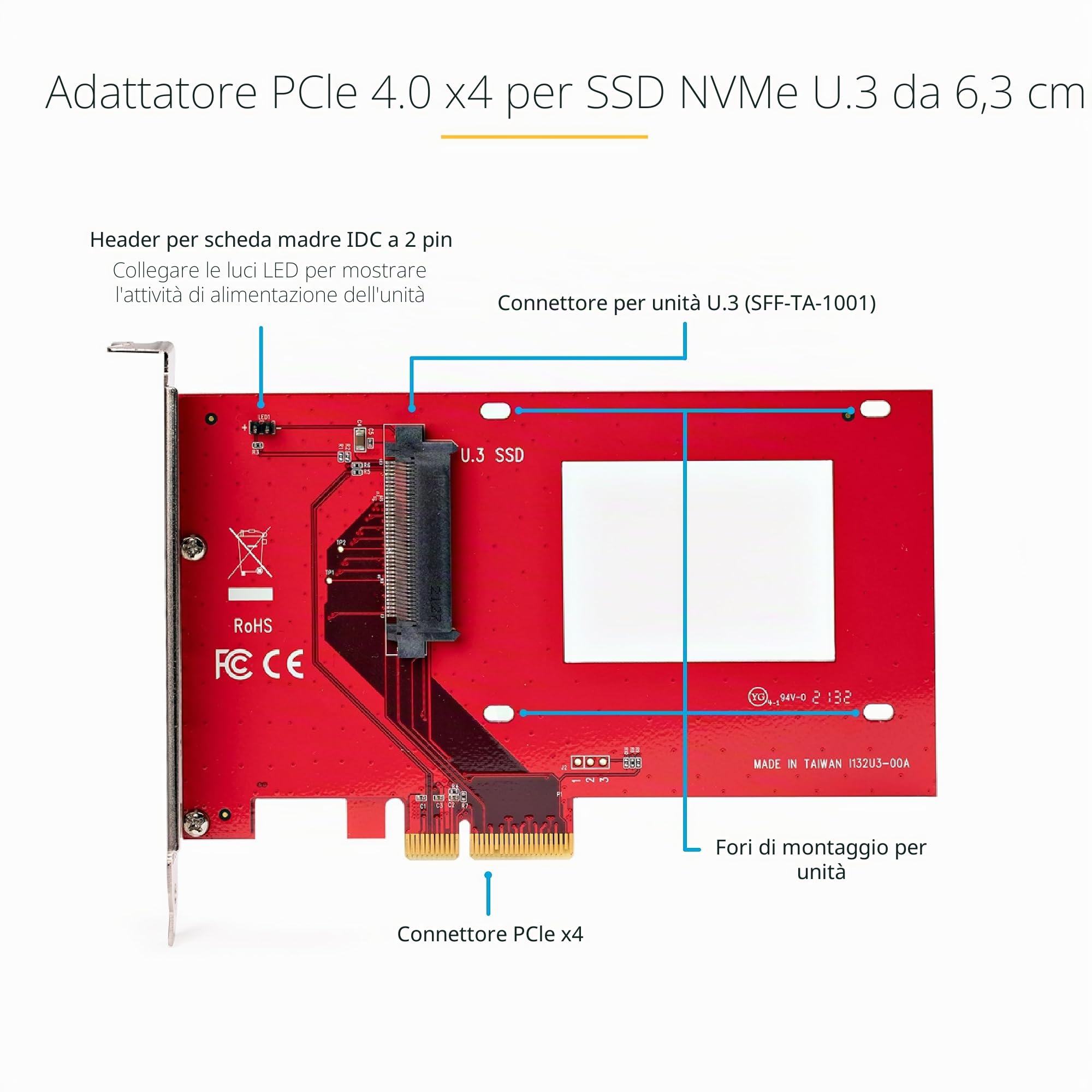 StarTech Adattatore da U.3 a PCIe 4.0 x4 SFF-TA-1001 per SSD NVMe U.3 2,5" | Compatibile con backplane U.3, Ideale per server e workstation, Formato da 2,5 pollici