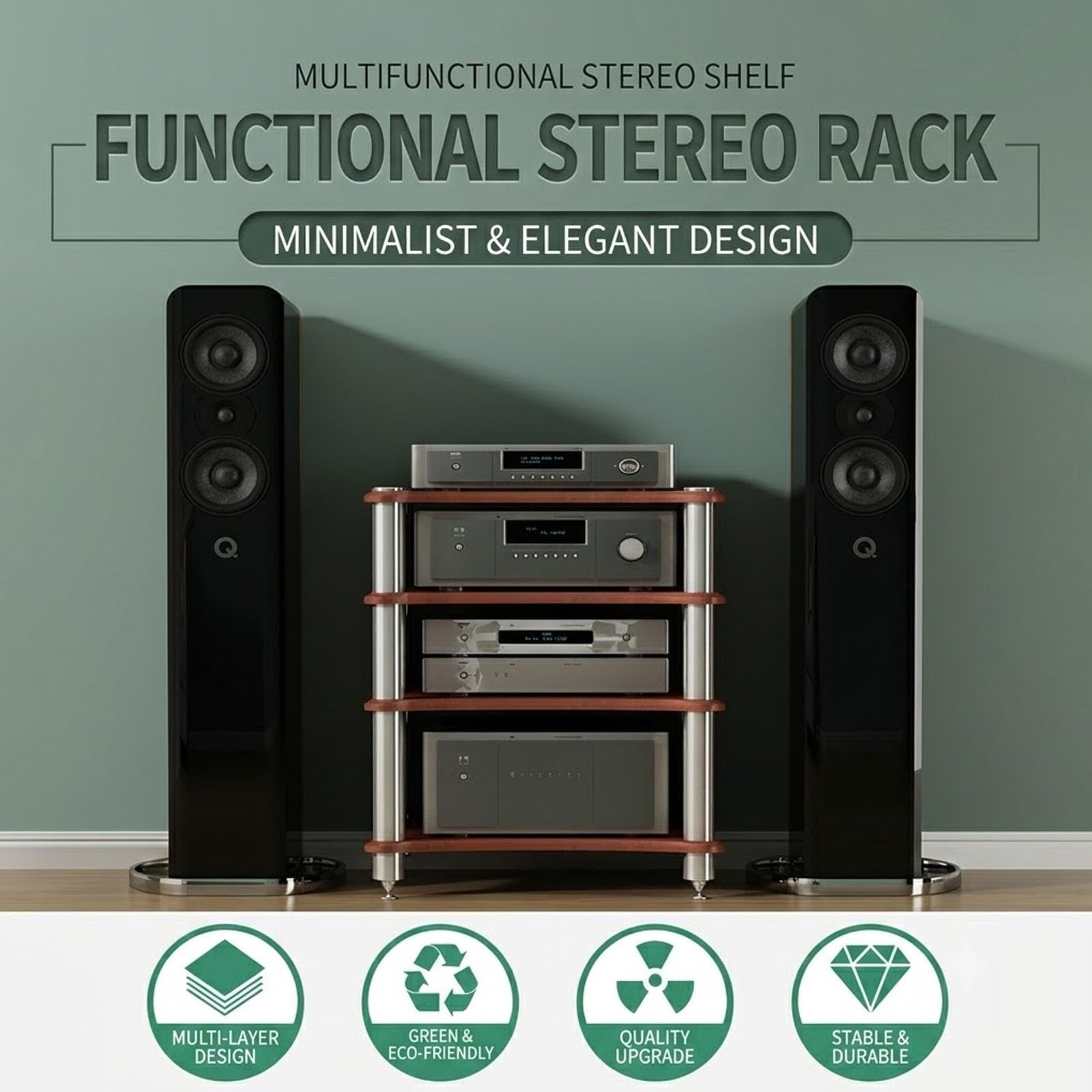 Mobile HiFi Rack Audio Stand Multi-Tier, Scaffale AV Media Cabinet Legno | Mobiletto Audio Portastereo con Punte Isolanti in Metallo per Amplificatore & Giradischi(Teak,3-Tier)