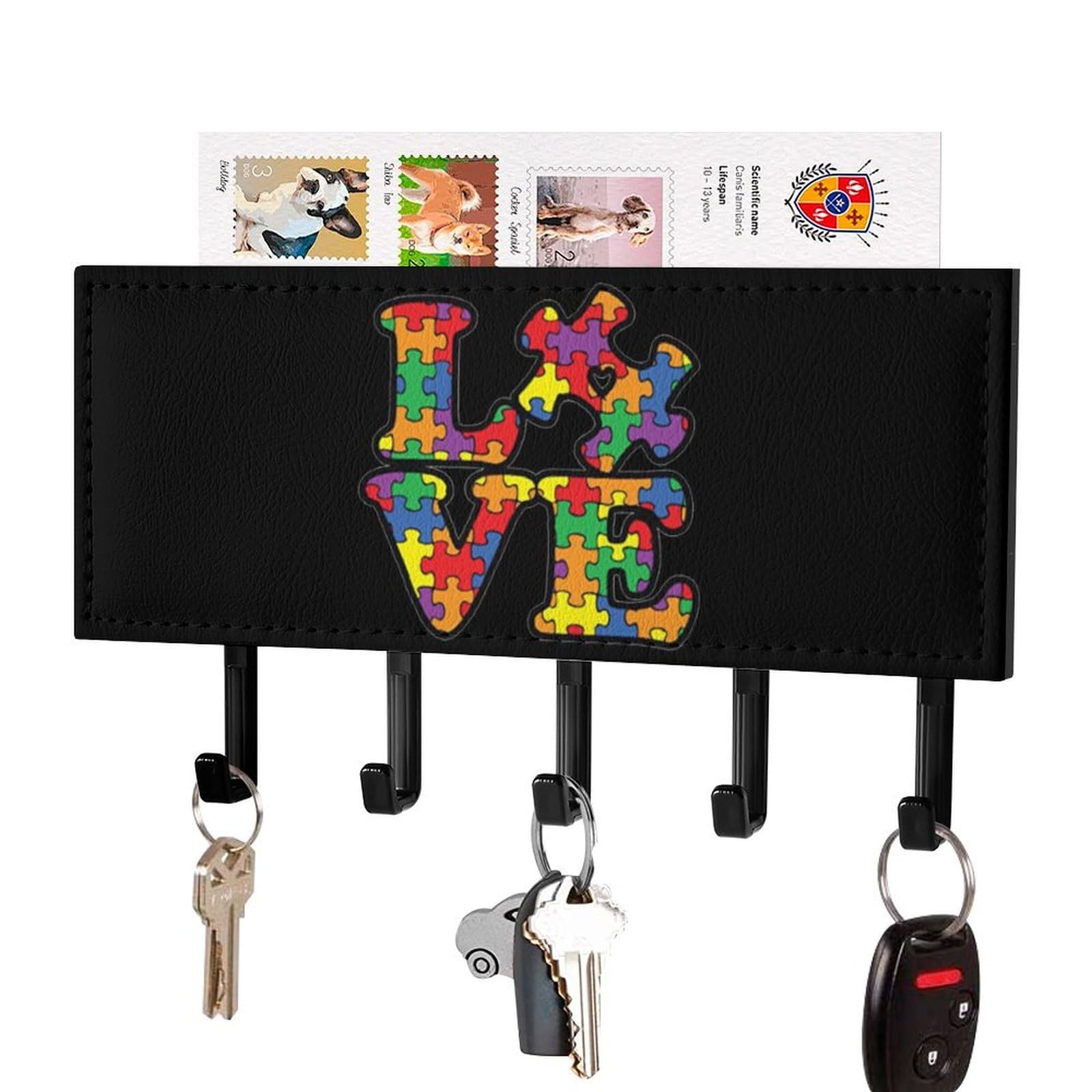 NCLQVJXZKHW Love Autism Awareness Puzzle Key Holder with 5 Hooks Key Hooks Wall Mounted Key Racks Key Hanger Organiser Shelf