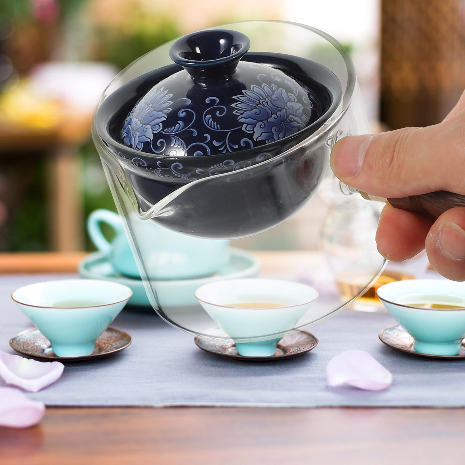 Veemoon Drehbare Teekanne im Chinesischen Stil mit 330ml Kapazität und Seitlichem Griff Keramik Glas Holz Material Sicher und Einzigartiges Design für Reise und Haushalt