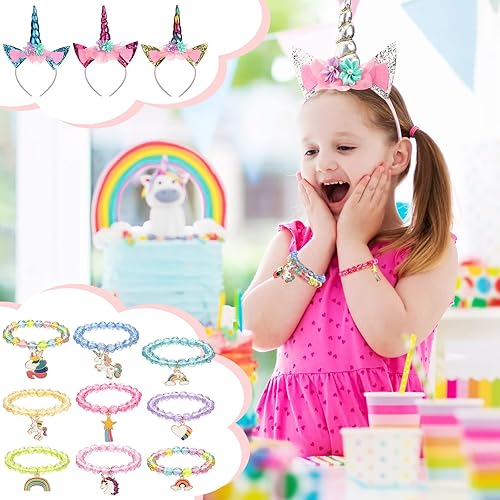 Miniatura 4 de Jexine Los recuerdos de fiesta de unicornio de 18 piezas incluyen 9 diademas de unicornio y 9 pulseras de cuentas de arcoíris de unicornio, diadema