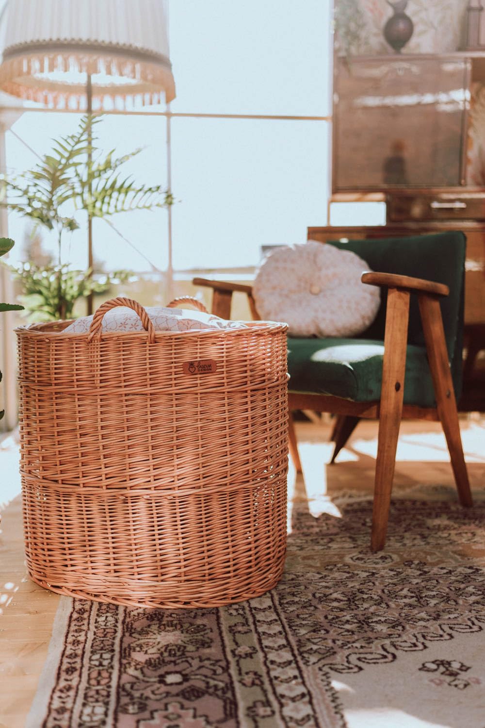 Panier de rangement en osier -ovale, panier de transport, corbeille en osier,haut panier, malle en osier (Avec doublure, Naturel)