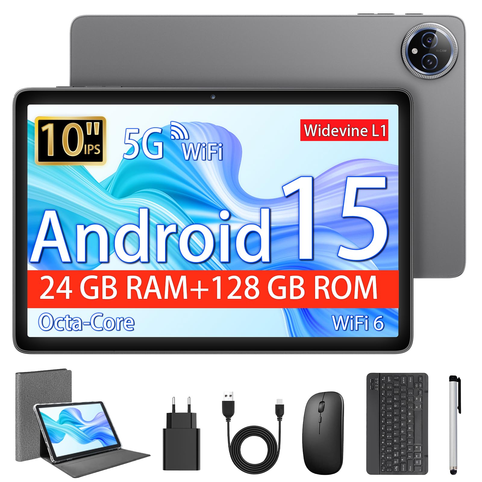 Tablet 10 Pollici, Tablet Android 15 con Custodia, Mouse & Tastiera, Octa-Core, 24 GB RAM + 128 GB ROM+ 1 TB TF, Display IPS HD 1280*800, Doppia Fotocamera, 6000mAh, WiFi 6, Widevine L1, Grigio